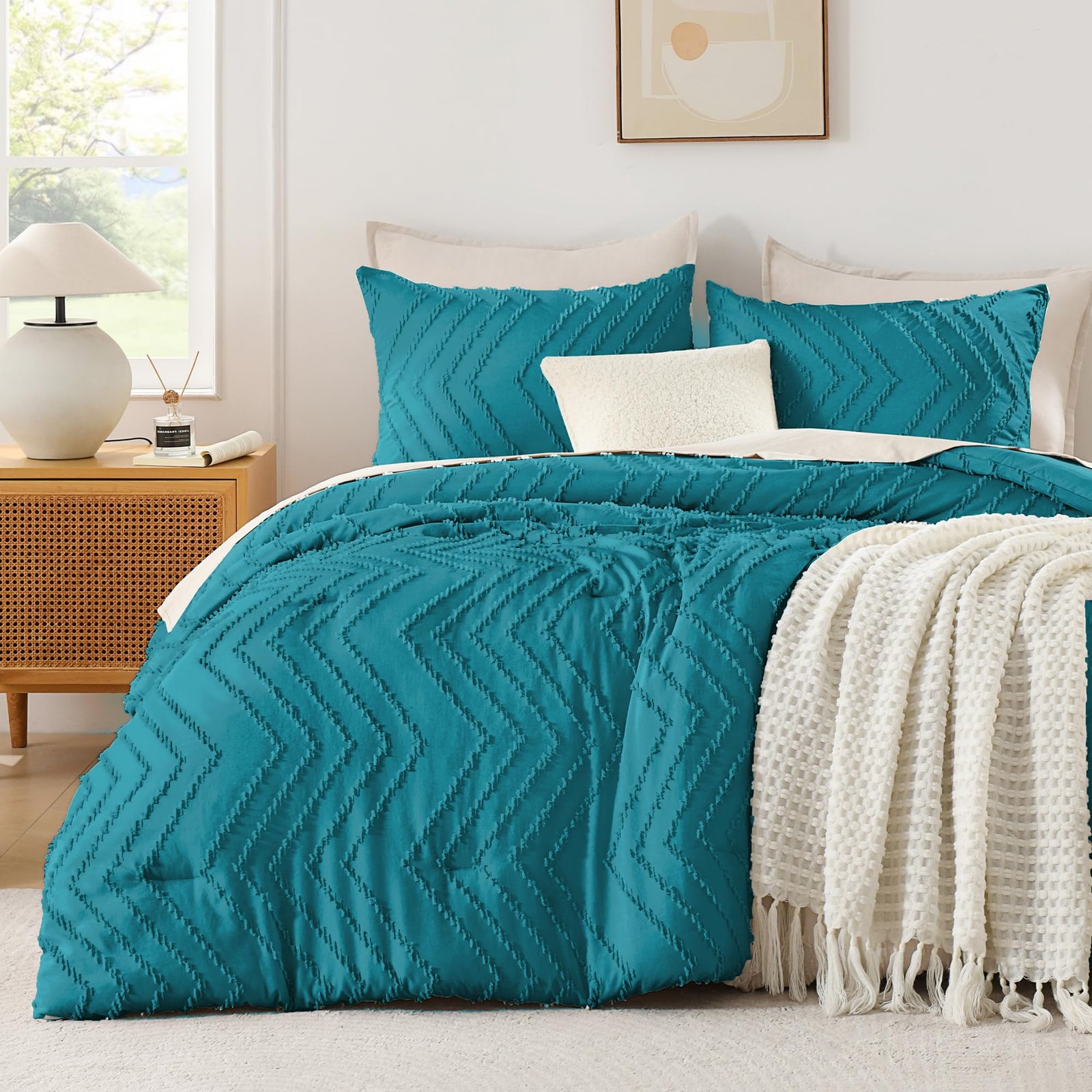 TODD GRIMES King Size Comforter Set Beige, Boho Cream Soft Warm Tufted Neutral Bedding Comforter Sets for King Size Bed, 3 Pieces Aesthetic Chevron Farmhouse Cute Bohemian Textured Bedding Set - Image 4