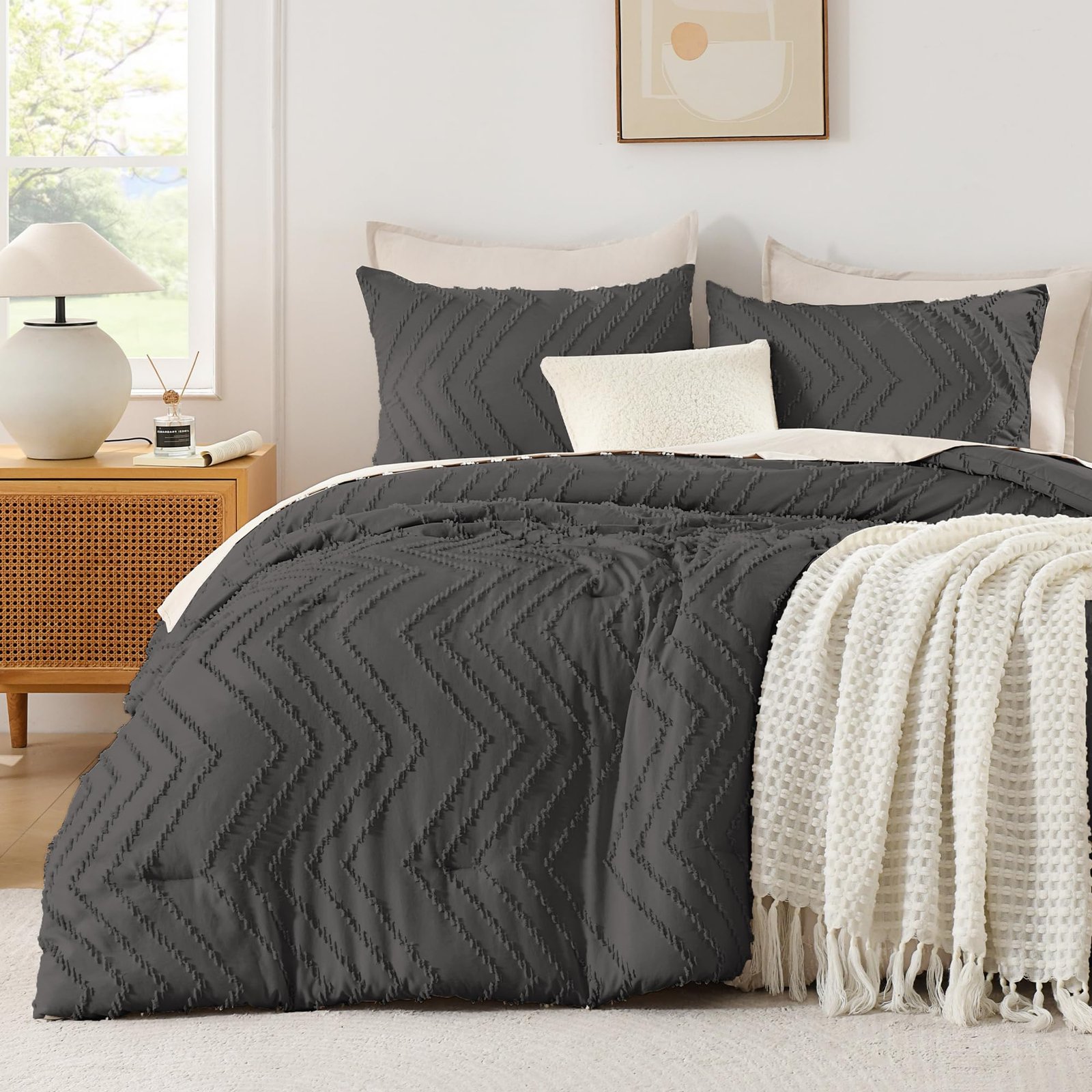 TODD GRIMES King Size Comforter Set Beige, Boho Cream Soft Warm Tufted Neutral Bedding Comforter Sets for King Size Bed, 3 Pieces Aesthetic Chevron Farmhouse Cute Bohemian Textured Bedding Set - Image 20