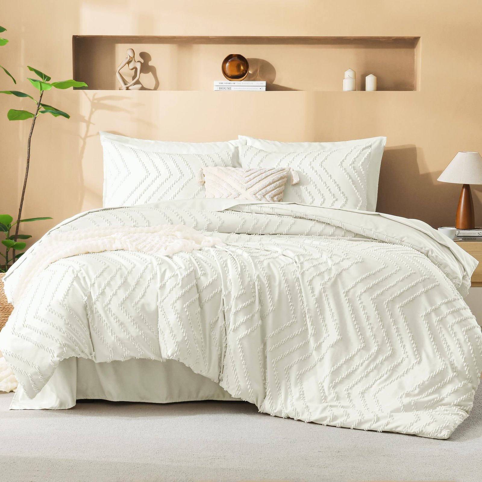 TODD GRIMES King Size Comforter Set with Sheets Beige - 7 Pieces Bed in a Bag King Chevron Tufted Boho Luxury Bedding Sets with Comforter, Sheets, Pillowcases & Shams - Image 2