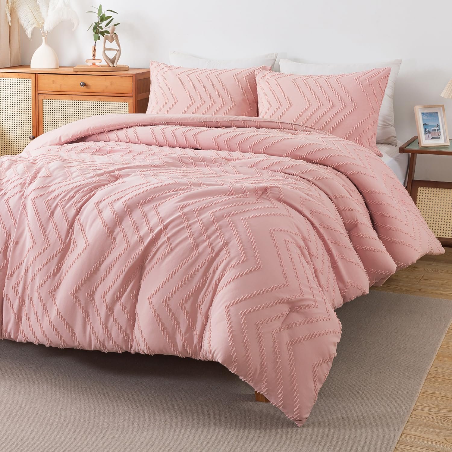 TODD GRIMES King Size Comforter Set Beige, Boho Cream Soft Warm Tufted Neutral Bedding Comforter Sets for King Size Bed, 3 Pieces Aesthetic Chevron Farmhouse Cute Bohemian Textured Bedding Set - Image 25