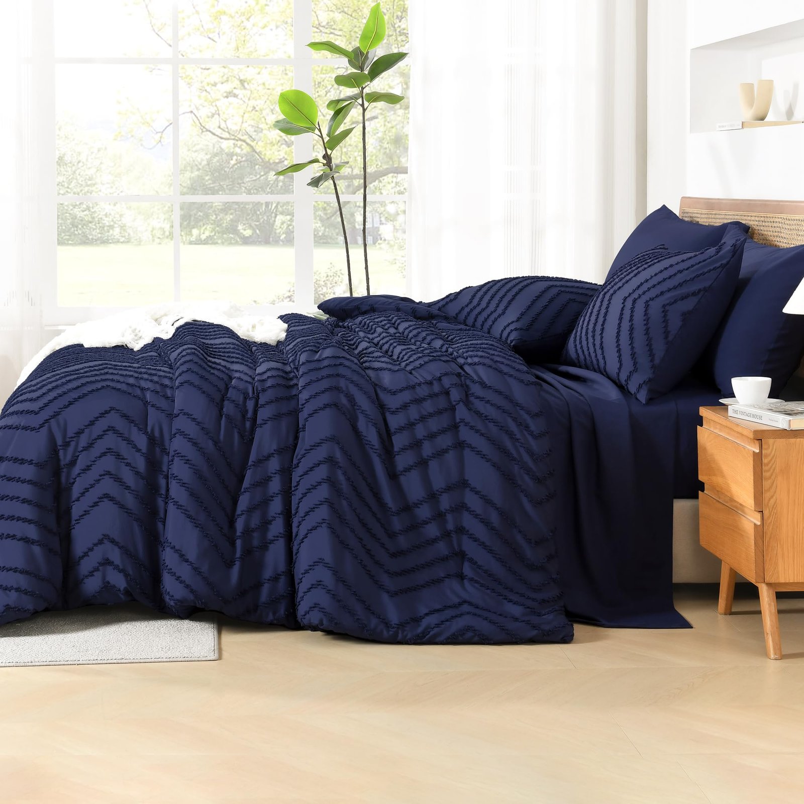 TODD GRIMES King Size Comforter Set with Sheets Beige - 7 Pieces Bed in a Bag King Chevron Tufted Boho Luxury Bedding Sets with Comforter, Sheets, Pillowcases & Shams - Image 38