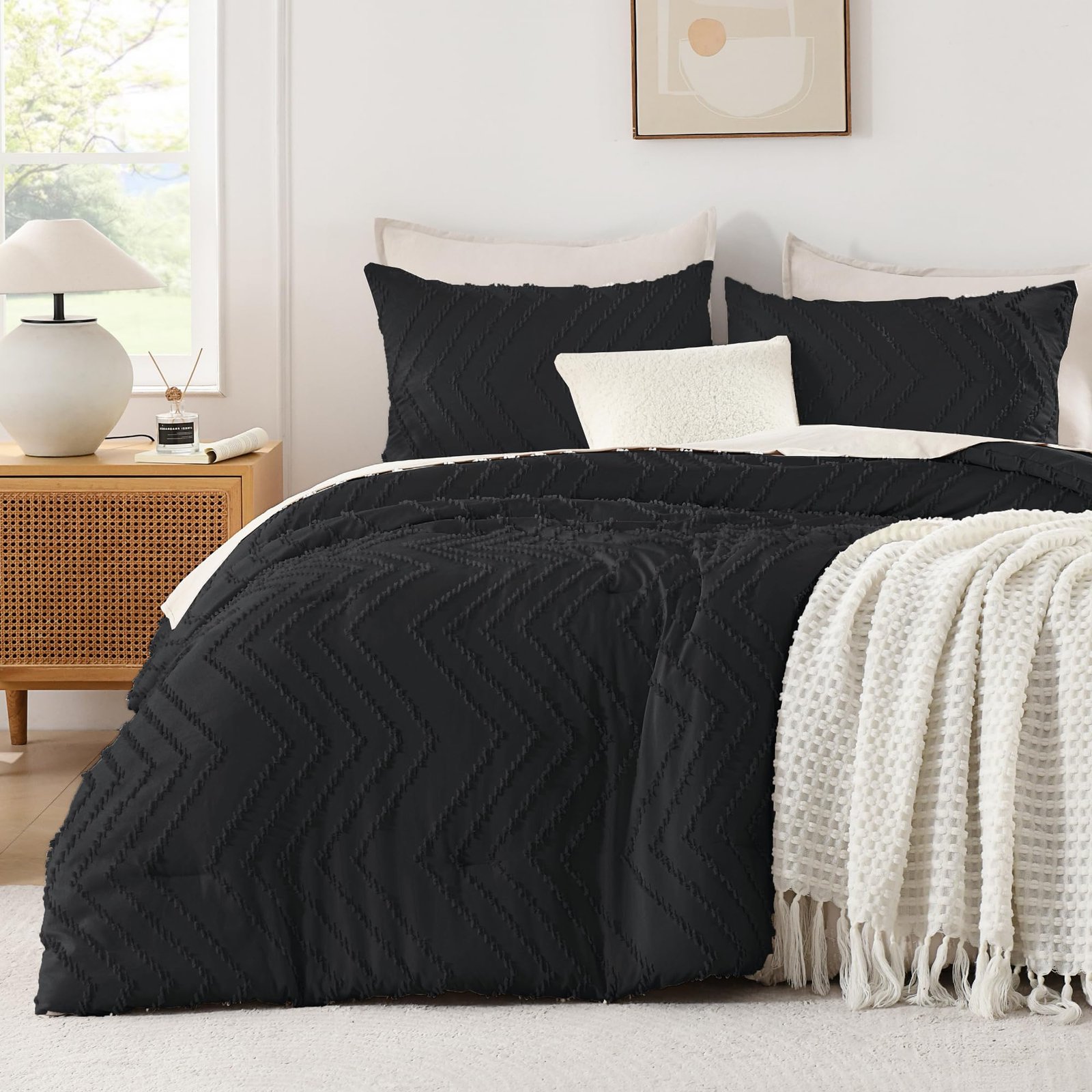 TODD GRIMES King Size Comforter Set Beige, Boho Cream Soft Warm Tufted Neutral Bedding Comforter Sets for King Size Bed, 3 Pieces Aesthetic Chevron Farmhouse Cute Bohemian Textured Bedding Set - Image 3