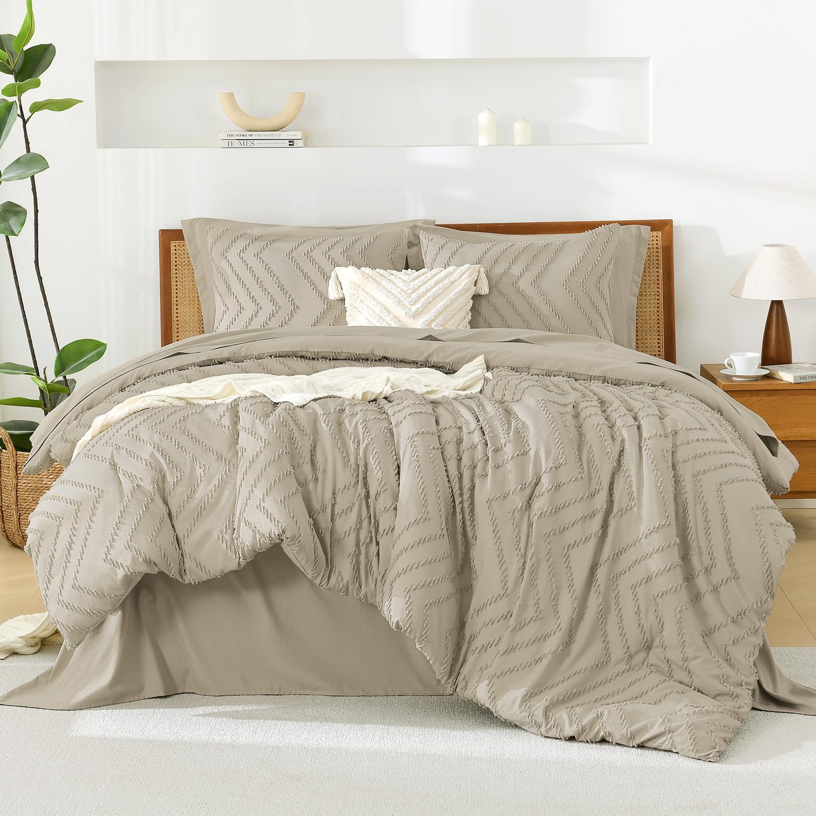 TODD GRIMES King Size Comforter Set with Sheets Beige - 7 Pieces Bed in a Bag King Chevron Tufted Boho Luxury Bedding Sets with Comforter, Sheets, Pillowcases & Shams - Image 26