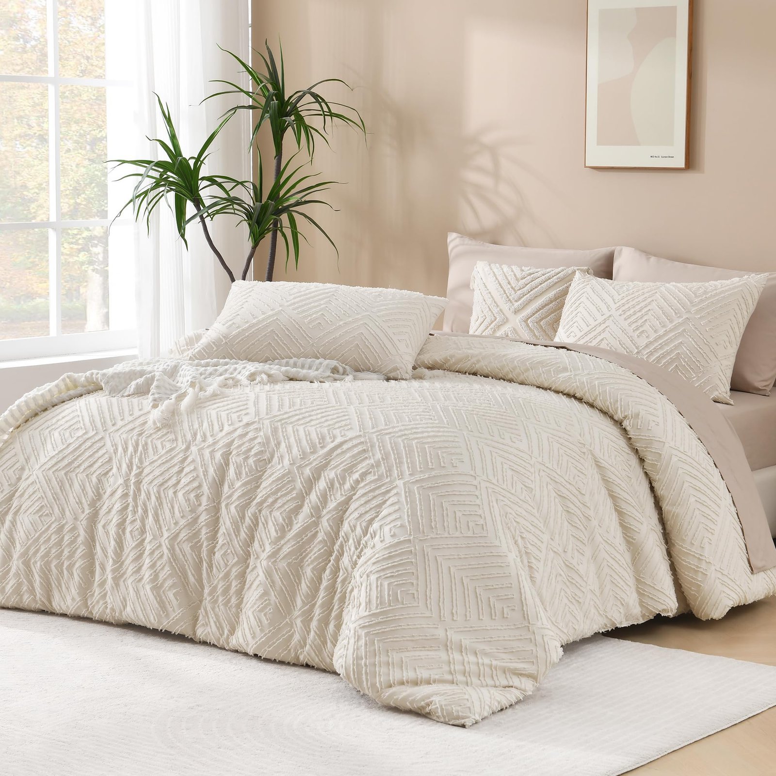 TODD GRIMES King Size Comforter Set Beige, 3 Pieces Boho King Bedding Comforter Set Cream, All Season Soft Lightweight Tufted Textured Down Alternative Comforter Fluffy Bed Set - Image 11