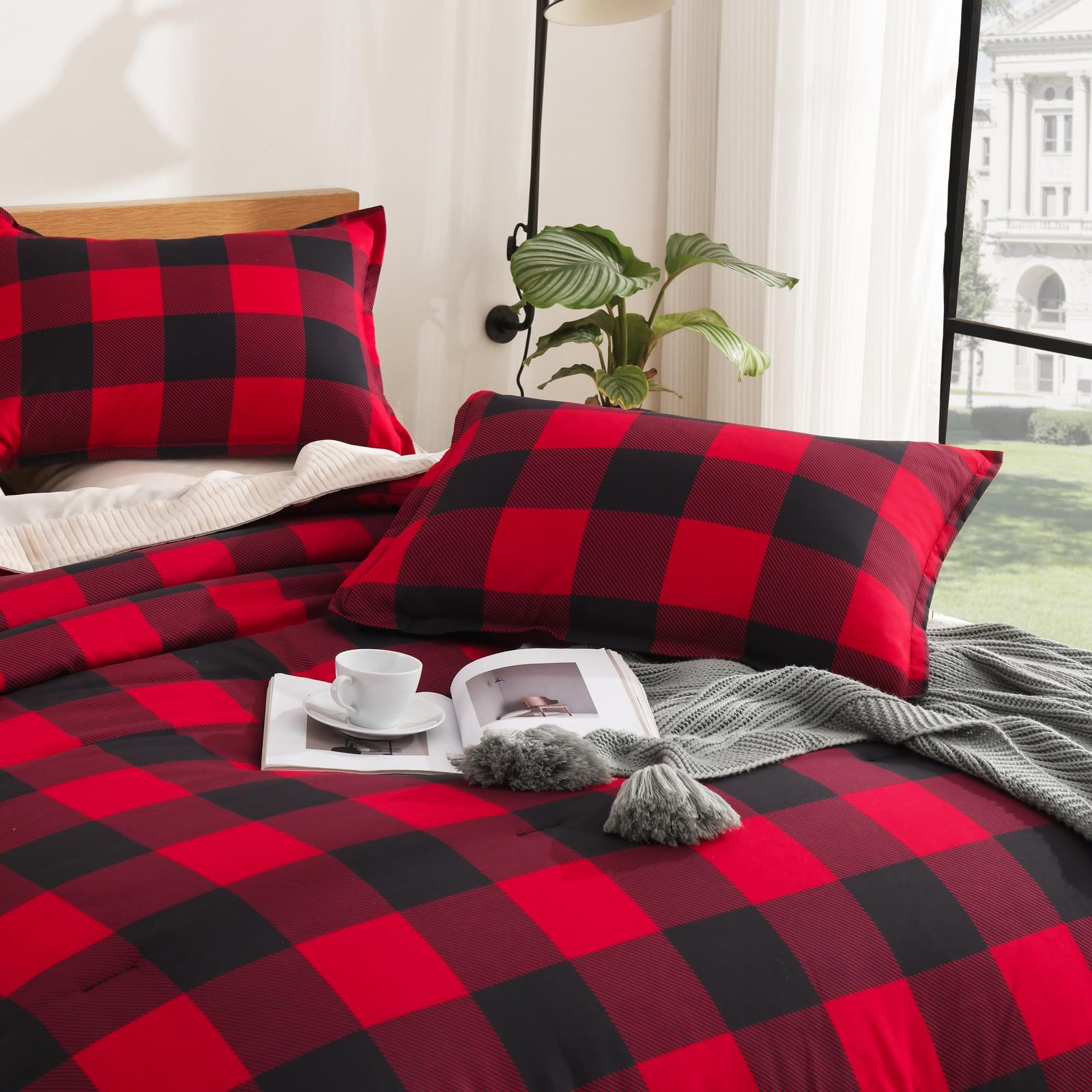 TODD GRIMES Red and Black Plaid Comforter Set King(104x90Inch), 3 Pieces Buffalo Plaid Checkered Gingham Bedding Comforter Sets, Soft Burgundy Lightweight Geometric Down Alternative Bed Set - Image 4