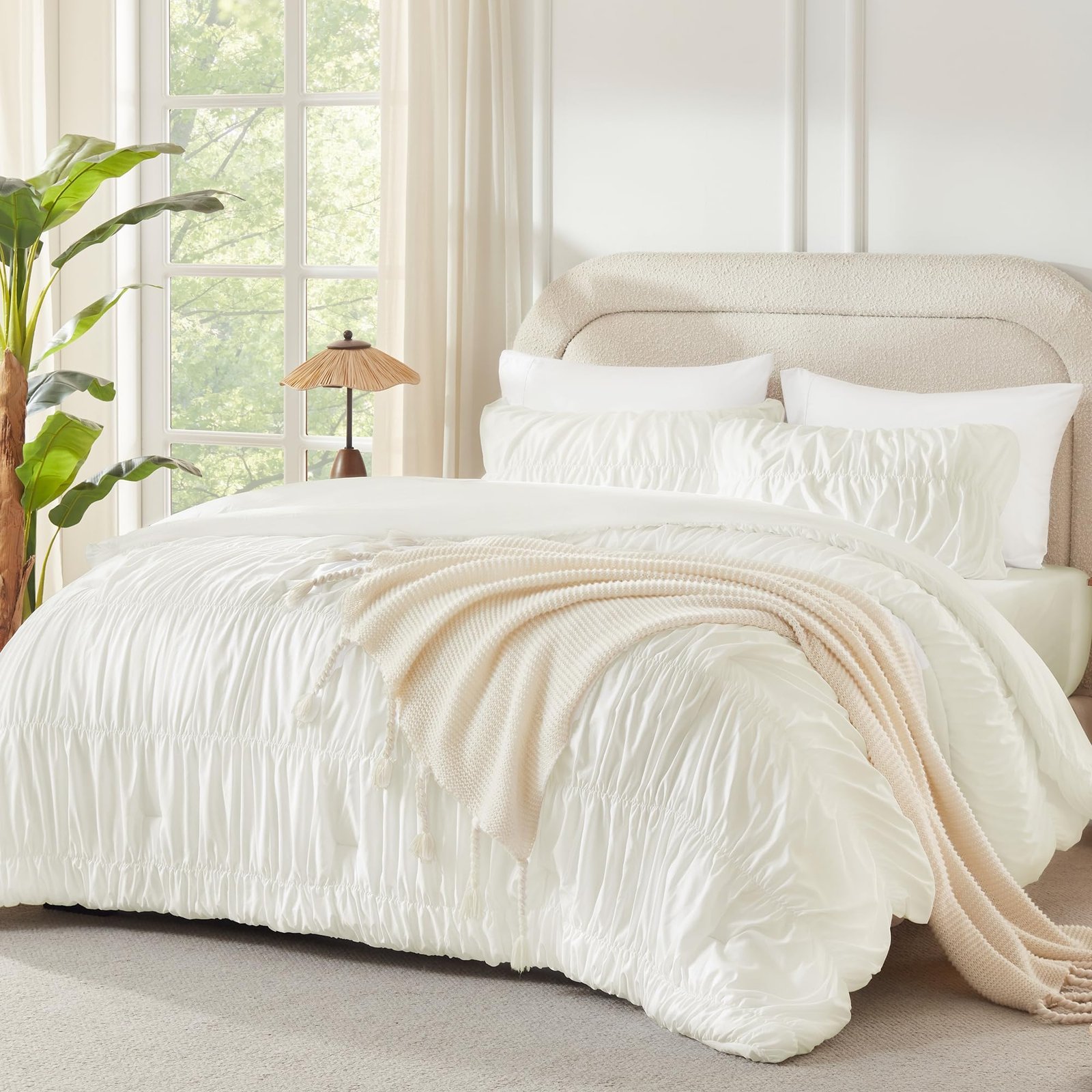 TODD GRIMES Ruched Beige Queen Comforter Set, Shabby Chic Pleated Bedding Sets 3 Pieces, Lightweight Soft Boho Ruffle Bed Set for Girls, Kids, Women, All Season - Image 8