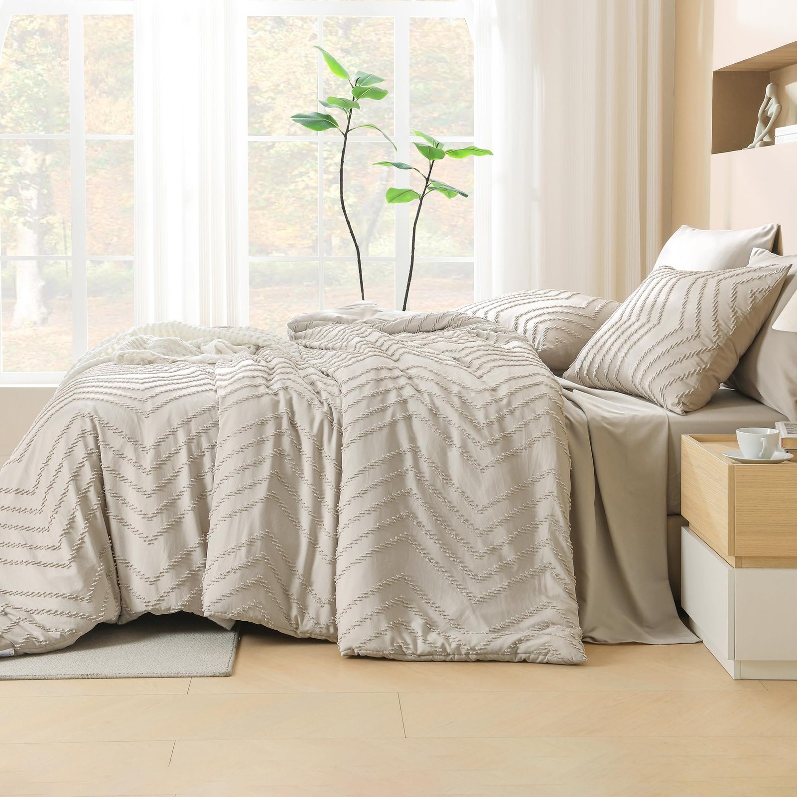 TODD GRIMES King Size Comforter Set with Sheets Beige - 7 Pieces Bed in a Bag King Chevron Tufted Boho Luxury Bedding Sets with Comforter, Sheets, Pillowcases & Shams - Image 51