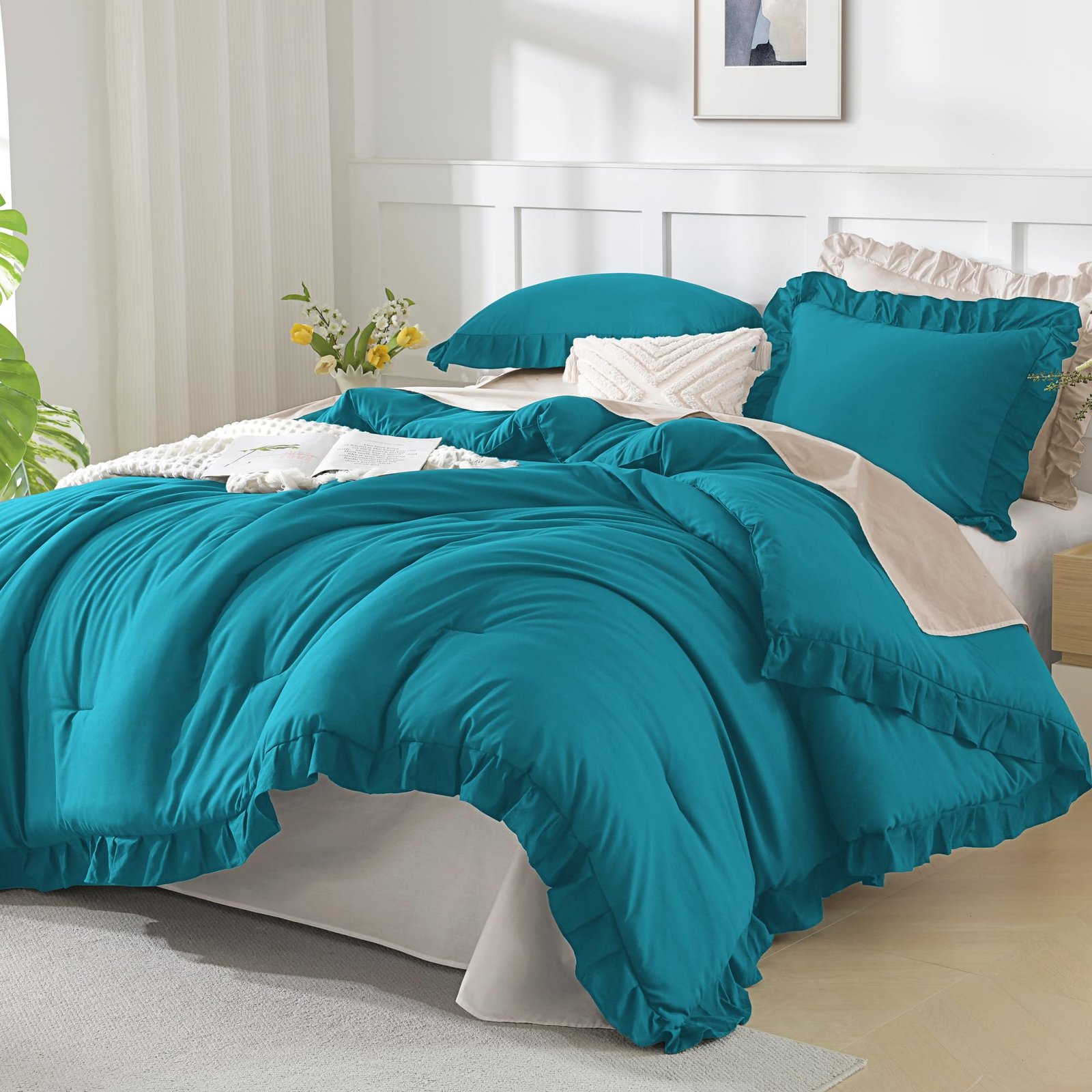 TODD GRIMES White Comforter Queen Size, 3 Pieces Ruffle Shabby Chic Farmhouse Queen Comforter Sets, All Season Lightweight Fluffy Room Decor Bed Set for Girls Women Teens Gift Choice - Image 9