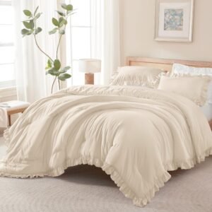 TODD GRIMES White Comforter Queen Size, 3 Pieces Ruffle Shabby Chic Farmhouse Queen Comforter Sets, All Season Lightweight Fluffy Room Decor Bed Set for Girls Women Teens Gift Choice