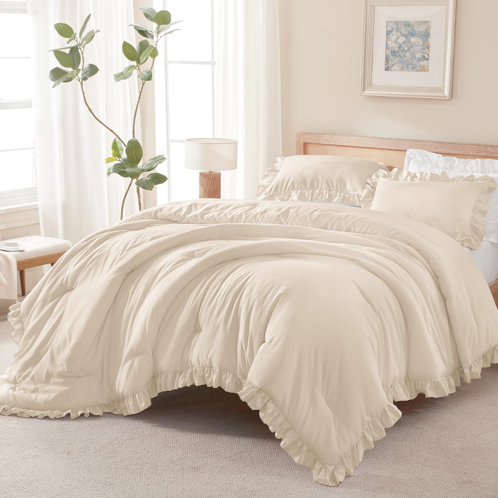 TODD GRIMES White Comforter Queen Size, 3 Pieces Ruffle Shabby Chic Farmhouse Queen Comforter Sets, All Season Lightweight Fluffy Room Decor Bed Set for Girls Women Teens Gift Choice