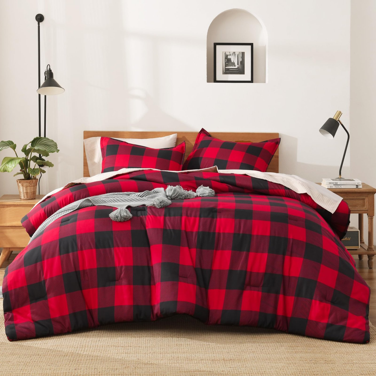TODD GRIMES Red and Black Plaid Comforter Set King(104x90Inch), 3 Pieces Buffalo Plaid Checkered Gingham Bedding Comforter Sets, Soft Burgundy Lightweight Geometric Down Alternative Bed Set - Image 3