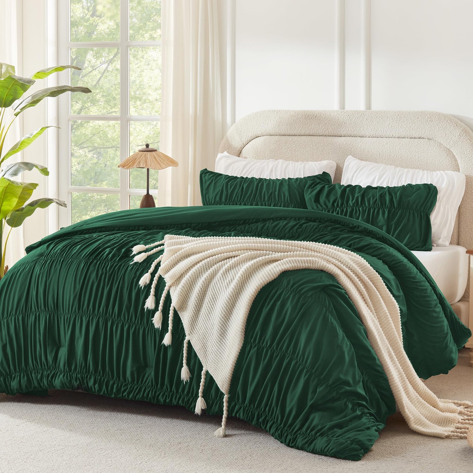 TODD GRIMES Ruched Beige Queen Comforter Set, Shabby Chic Pleated Bedding Sets 3 Pieces, Lightweight Soft Boho Ruffle Bed Set for Girls, Kids, Women, All Season - Image 4