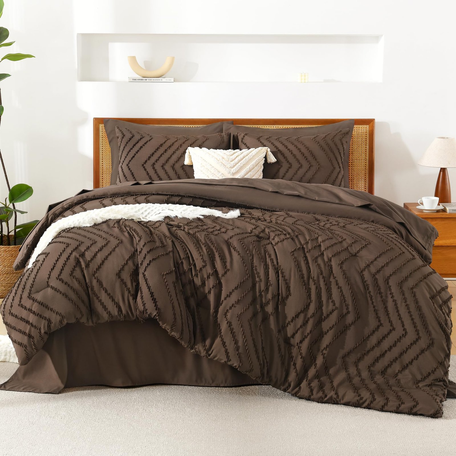 TODD GRIMES King Size Comforter Set with Sheets Beige - 7 Pieces Bed in a Bag King Chevron Tufted Boho Luxury Bedding Sets with Comforter, Sheets, Pillowcases & Shams