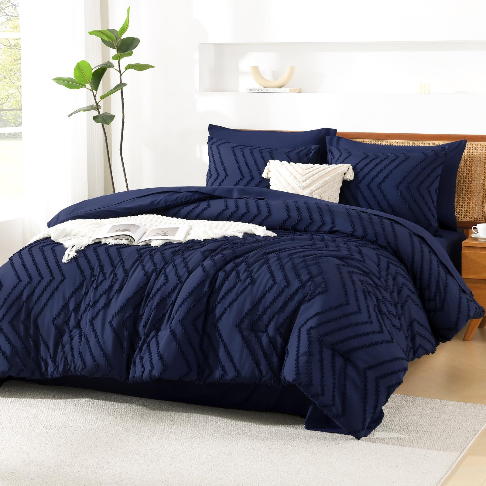 TODD GRIMES King Size Comforter Set with Sheets Beige - 7 Pieces Bed in a Bag King Chevron Tufted Boho Luxury Bedding Sets with Comforter, Sheets, Pillowcases & Shams - Image 34