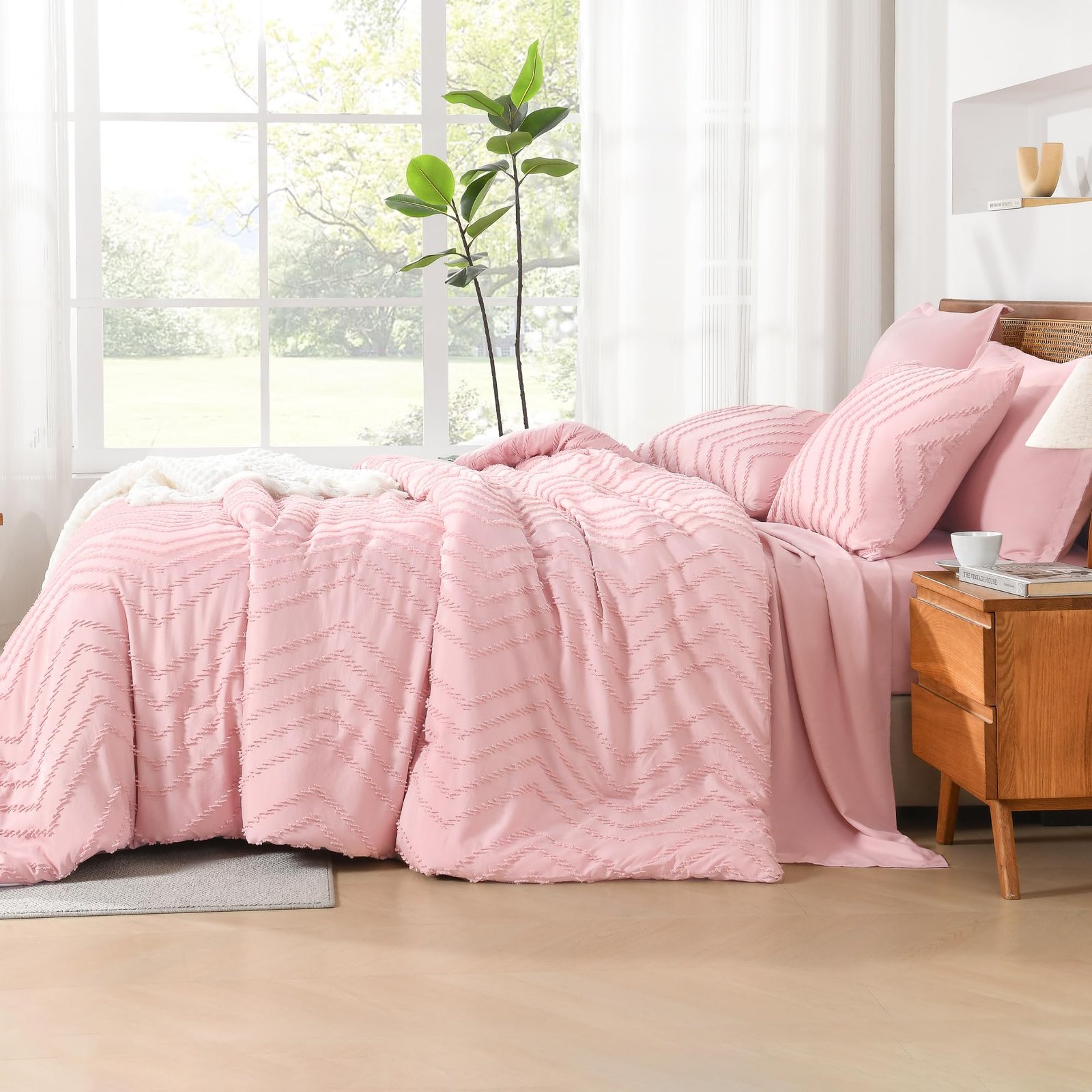 TODD GRIMES King Size Comforter Set with Sheets Beige - 7 Pieces Bed in a Bag King Chevron Tufted Boho Luxury Bedding Sets with Comforter, Sheets, Pillowcases & Shams - Image 103