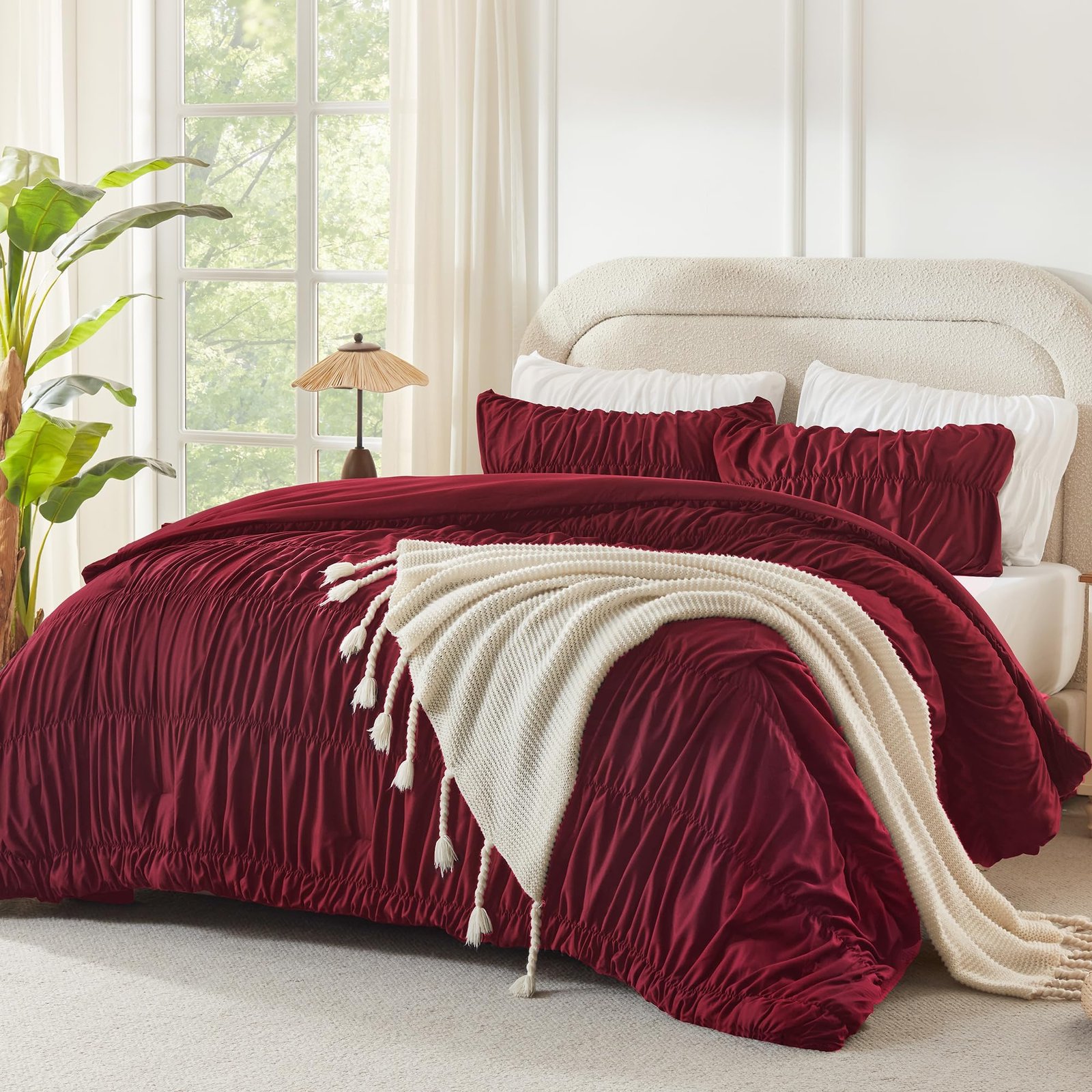 TODD GRIMES Ruched Beige Queen Comforter Set, Shabby Chic Pleated Bedding Sets 3 Pieces, Lightweight Soft Boho Ruffle Bed Set for Girls, Kids, Women, All Season - Image 3