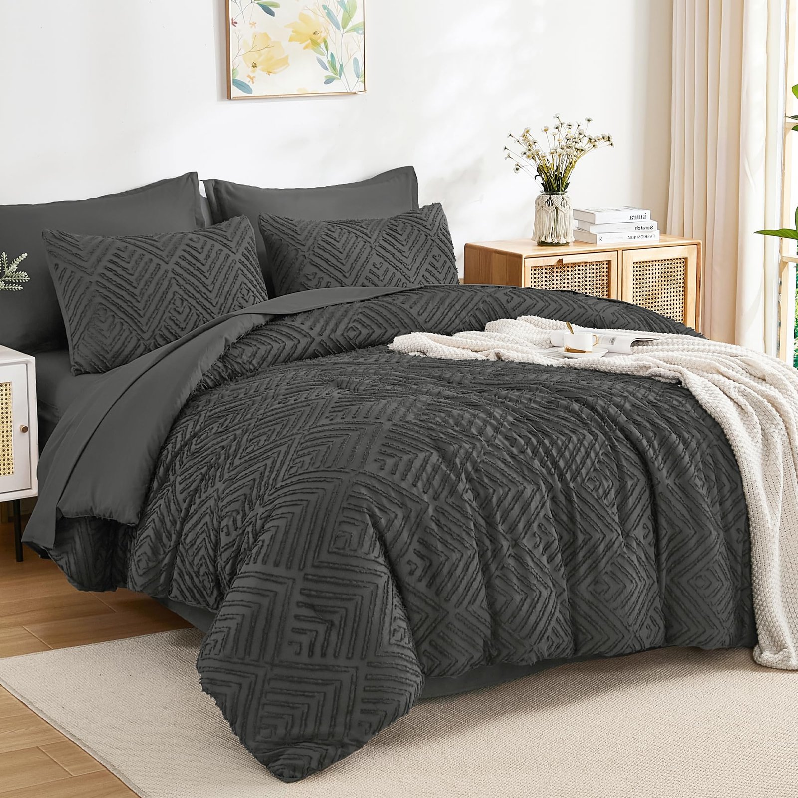 TODD GRIMES King Size Comforter Set 7 Pieces Dark Emerald Green - Bed in a Bag King Boho Lightweight Fluffy Tufted Bedding Sets with Quilt Comforter, Sheets, Pillowcases & Shams - Image 16