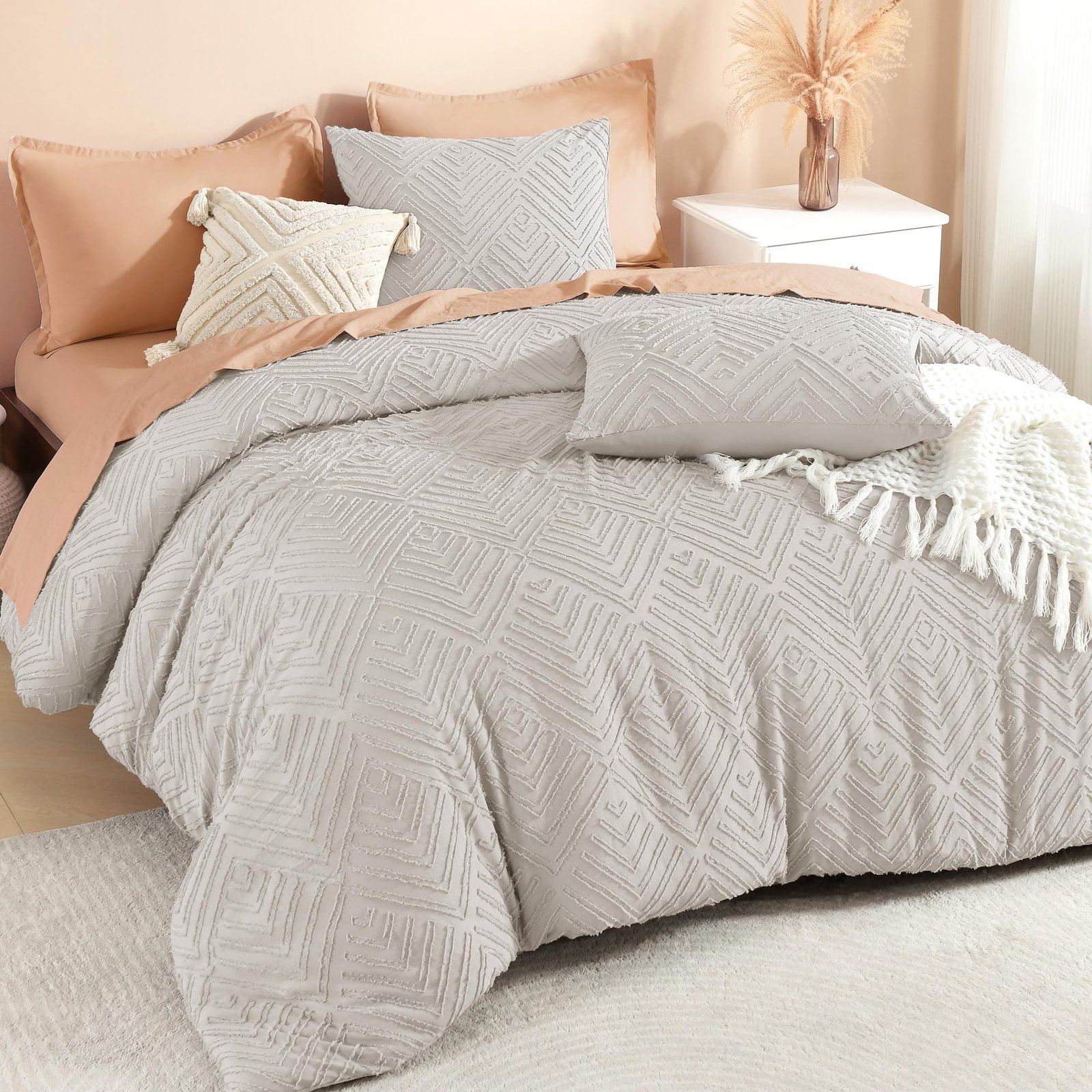 TODD GRIMES Comforter King Size Set Oatmeal, 3 Pieces Boho Tufted Farmhouse Bedding Comforter Sets, Lightweight Fluffy Comforter Bed Set for All Season (104x90In Comforter and 2 Pillowcases) - Image 26