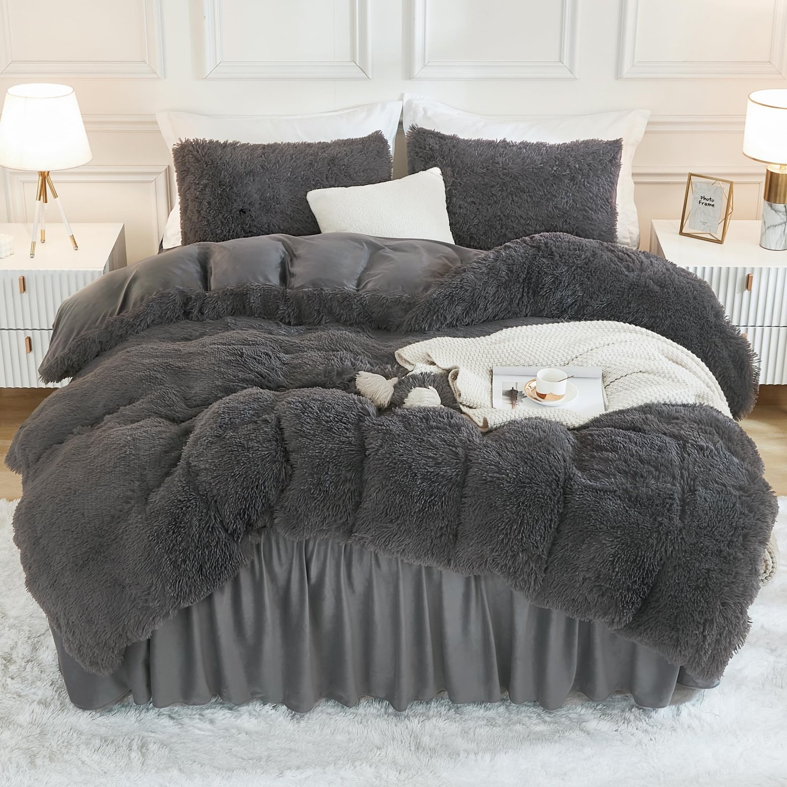TODD GRIMES Tie-Dyed Grey White Comforter King Size, 3 Pieces Faux Fur Fluffy Fuzzy Plush Bedding Comforter Set, Soft Puffy Comfy Down Comforter Bed Set - Image 3