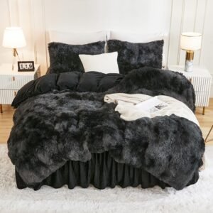 TODD GRIMES Tie-Dyed Grey White Comforter King Size, 3 Pieces Faux Fur Fluffy Fuzzy Plush Bedding Comforter Set, Soft Puffy Comfy Down Comforter Bed Set
