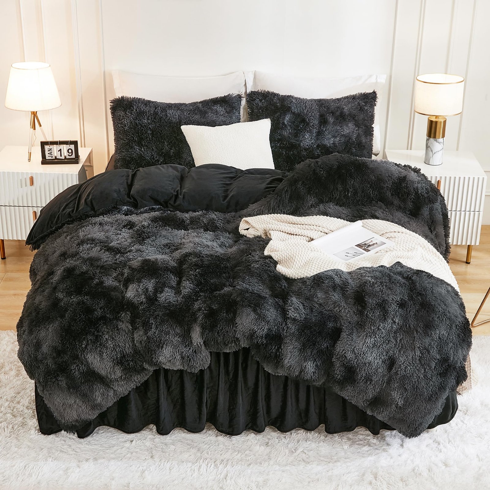 TODD GRIMES Tie-Dyed Grey White Comforter King Size, 3 Pieces Faux Fur Fluffy Fuzzy Plush Bedding Comforter Set, Soft Puffy Comfy Down Comforter Bed Set