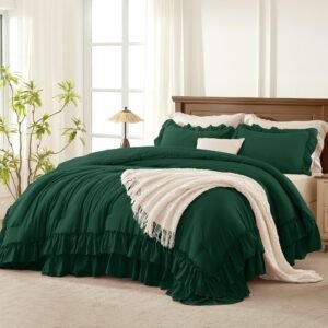 TODD GRIMES White Comforter Set Queen Size, Lightweight Fluffy Farmhouse White Ruffle Bedding Set, Soft Microfiber All Season Shabby Chic Bed Comforter Set 3 Pieces(1 Ruffle Comforter 2 Pillowcases)