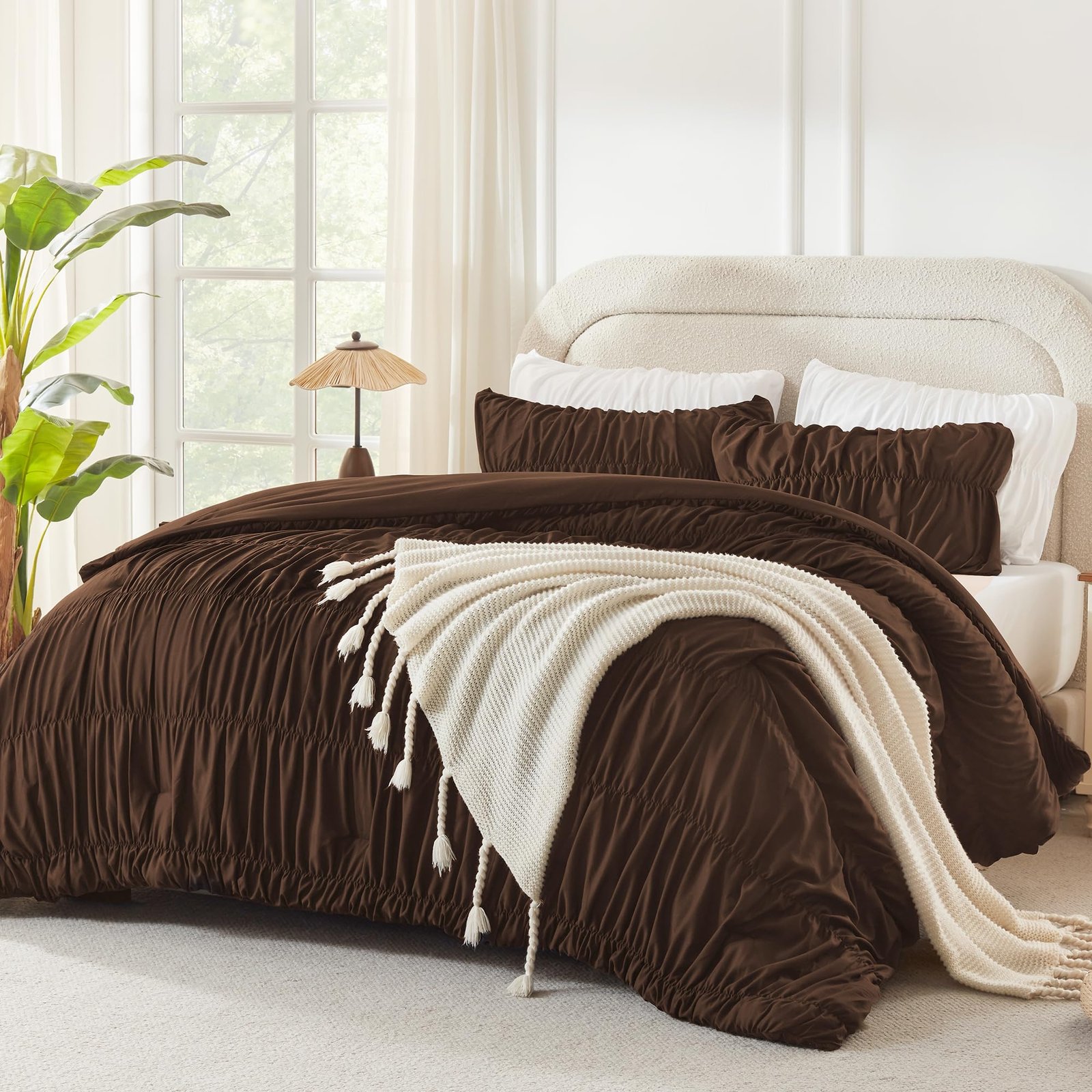 TODD GRIMES Ruched Beige Queen Comforter Set, Shabby Chic Pleated Bedding Sets 3 Pieces, Lightweight Soft Boho Ruffle Bed Set for Girls, Kids, Women, All Season
