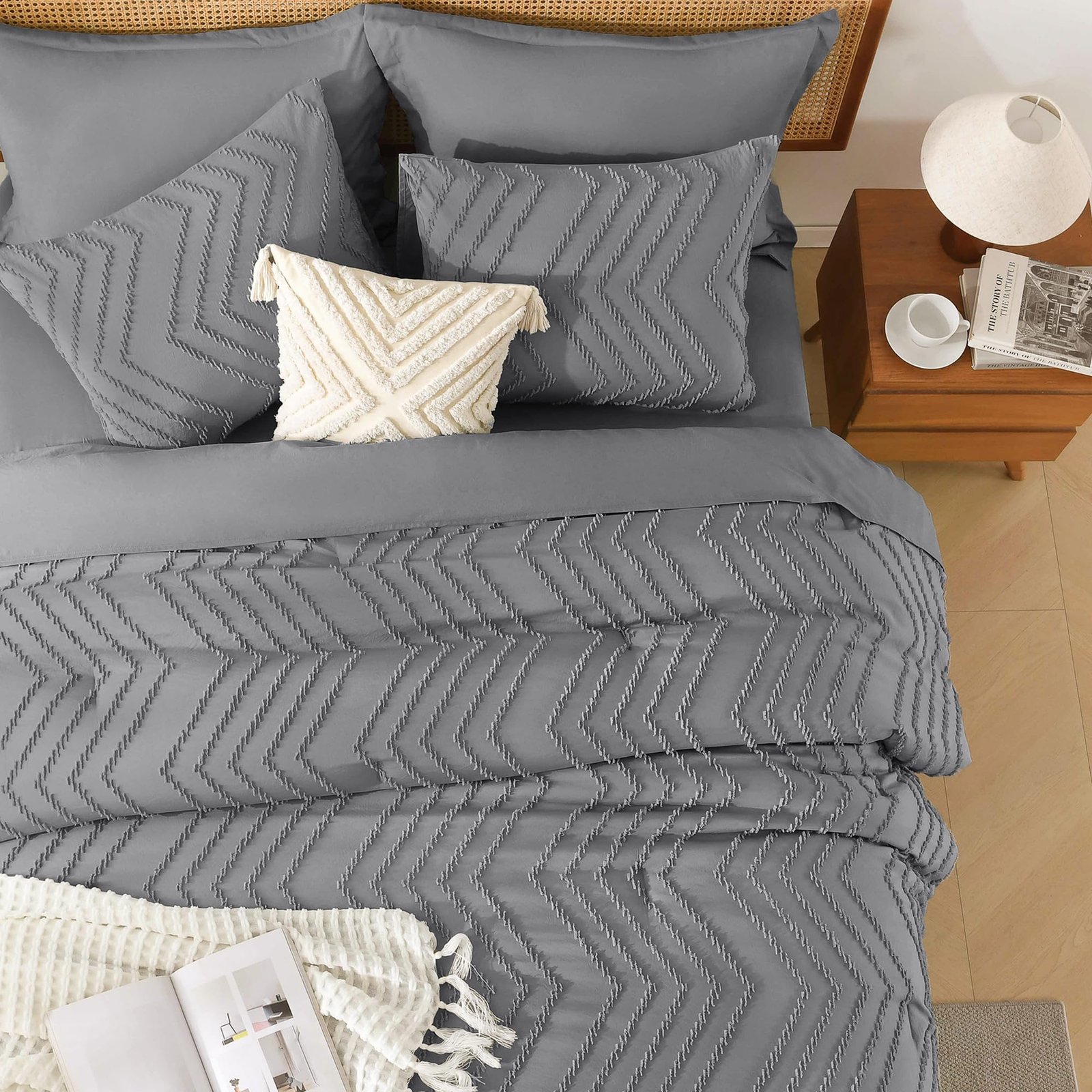 TODD GRIMES King Size Comforter Set with Sheets Beige - 7 Pieces Bed in a Bag King Chevron Tufted Boho Luxury Bedding Sets with Comforter, Sheets, Pillowcases & Shams - Image 107