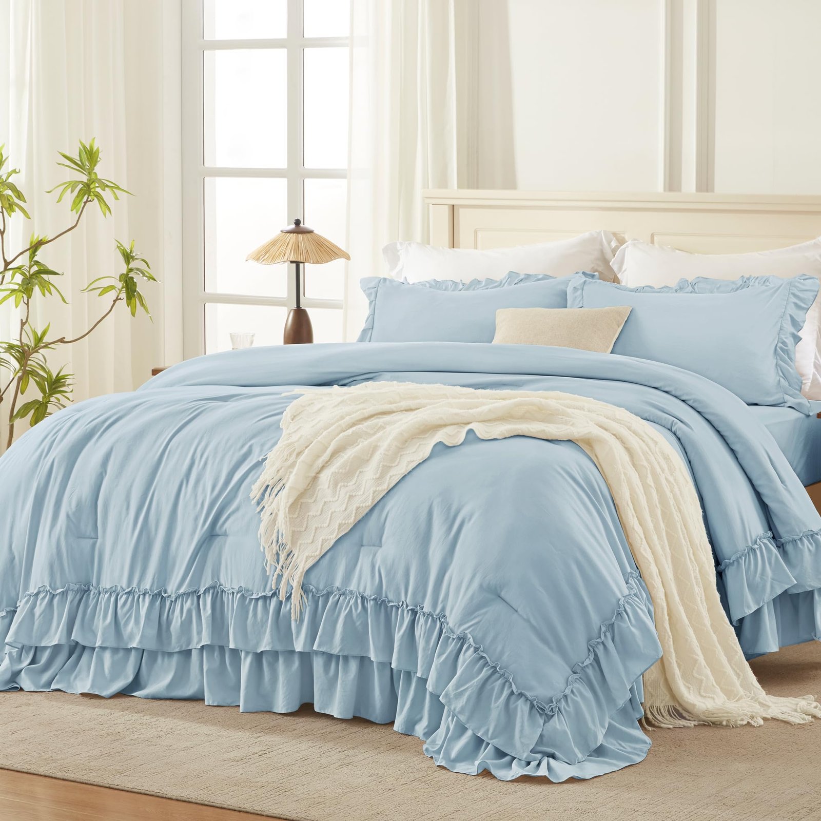TODD GRIMES White Comforter Set Queen Size, Lightweight Fluffy Farmhouse White Ruffle Bedding Set, Soft Microfiber All Season Shabby Chic Bed Comforter Set 3 Pieces(1 Ruffle Comforter 2 Pillowcases) - Image 12