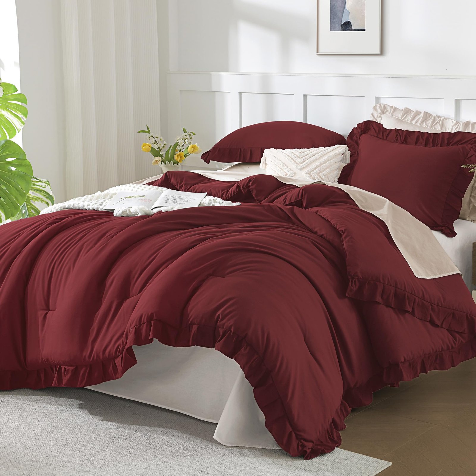 TODD GRIMES White Comforter Queen Size, 3 Pieces Ruffle Shabby Chic Farmhouse Queen Comforter Sets, All Season Lightweight Fluffy Room Decor Bed Set for Girls Women Teens Gift Choice - Image 4