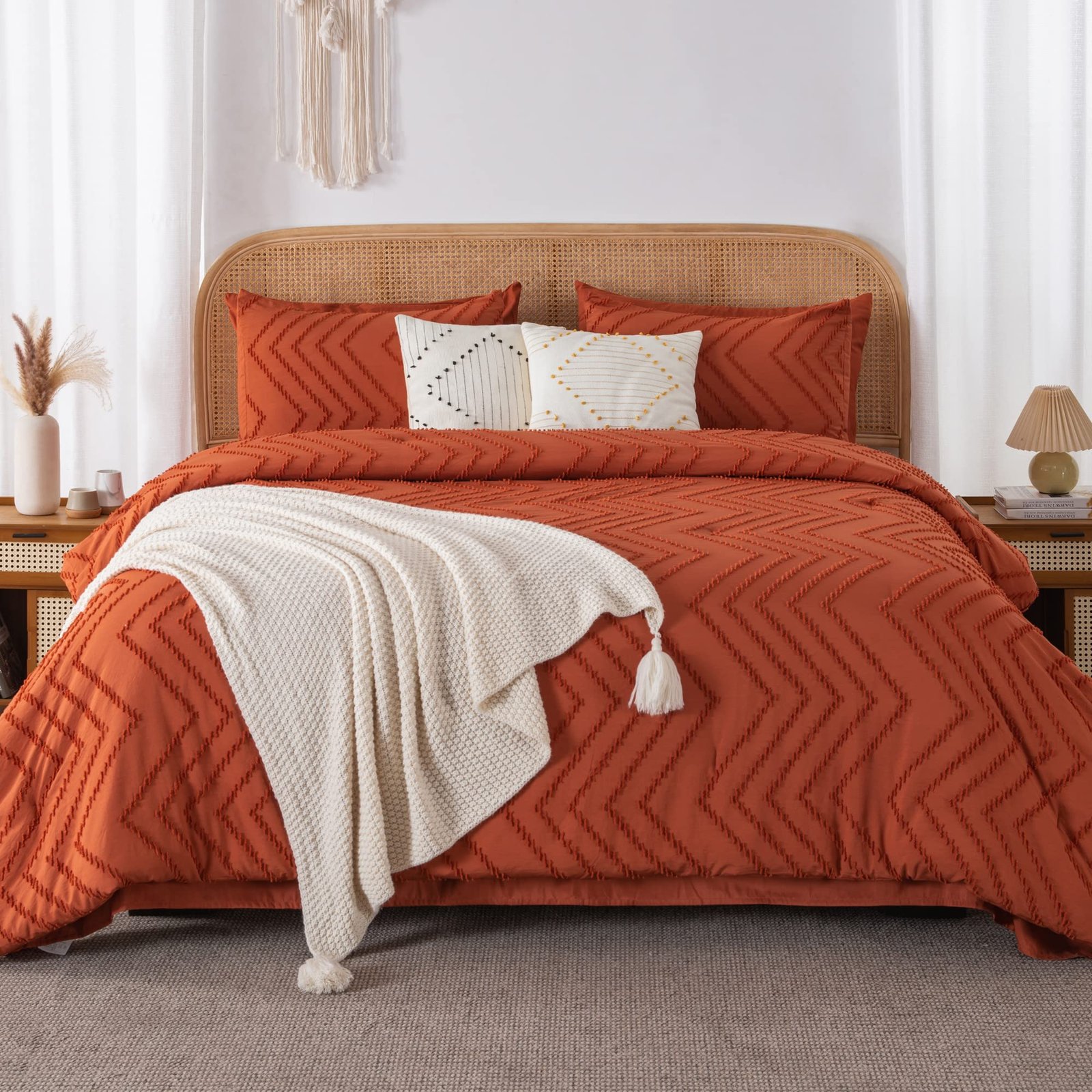 TODD GRIMES King Size Comforter Set with Sheets Beige - 7 Pieces Bed in a Bag King Chevron Tufted Boho Luxury Bedding Sets with Comforter, Sheets, Pillowcases & Shams - Image 74