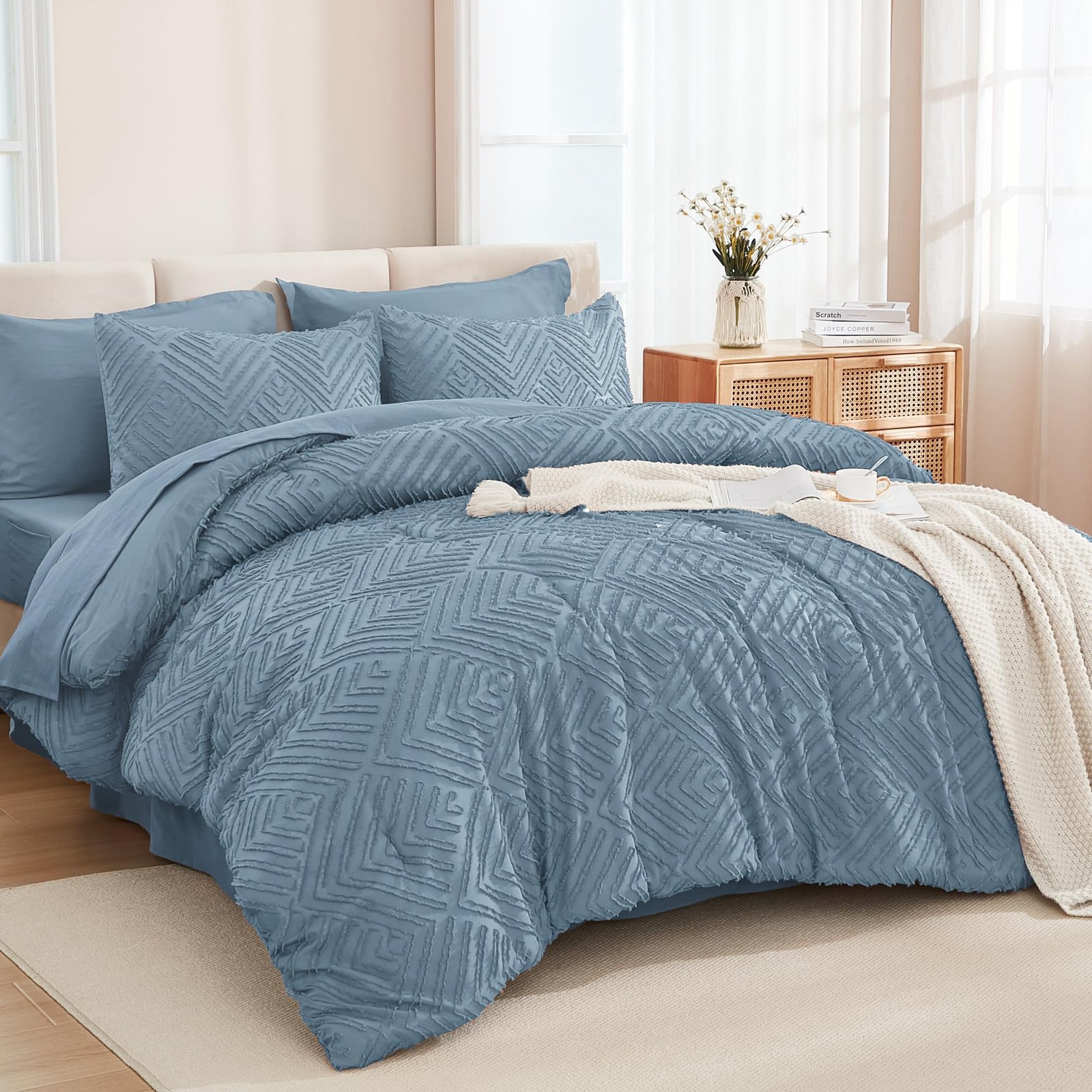 TODD GRIMES King Size Comforter Set 7 Pieces Dark Emerald Green - Bed in a Bag King Boho Lightweight Fluffy Tufted Bedding Sets with Quilt Comforter, Sheets, Pillowcases & Shams - Image 11