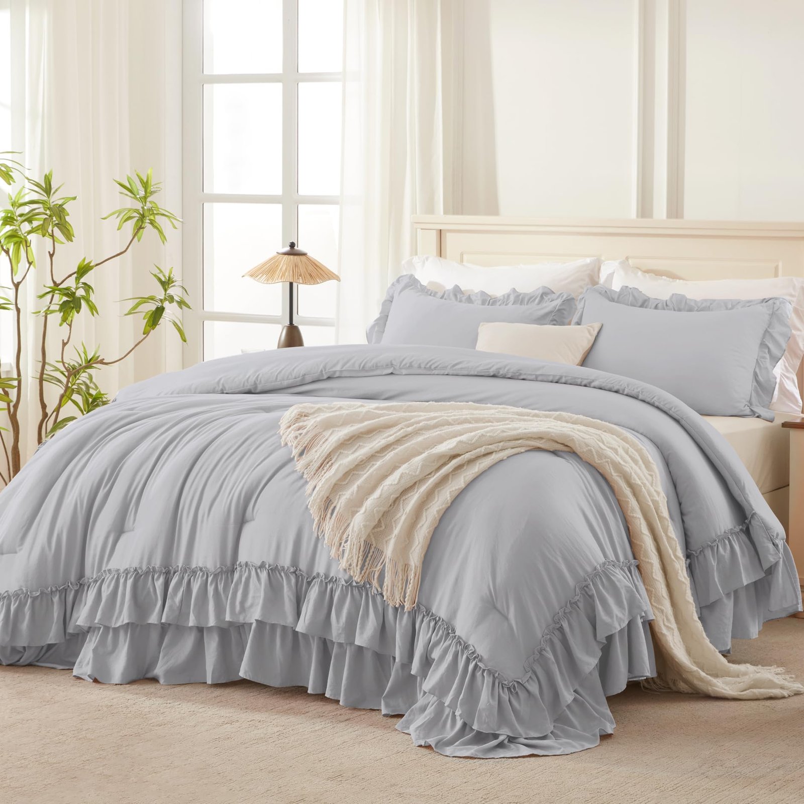 TODD GRIMES White Comforter Set Queen Size, Lightweight Fluffy Farmhouse White Ruffle Bedding Set, Soft Microfiber All Season Shabby Chic Bed Comforter Set 3 Pieces(1 Ruffle Comforter 2 Pillowcases) - Image 6