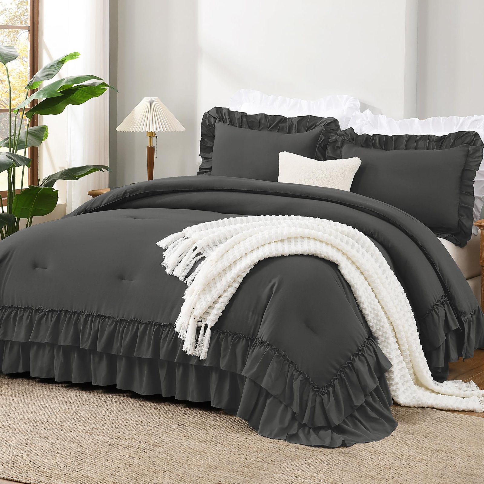 TODD GRIMES White Comforter Set Queen Size, Lightweight Fluffy Farmhouse White Ruffle Bedding Set, Soft Microfiber All Season Shabby Chic Bed Comforter Set 3 Pieces(1 Ruffle Comforter 2 Pillowcases) - Image 4