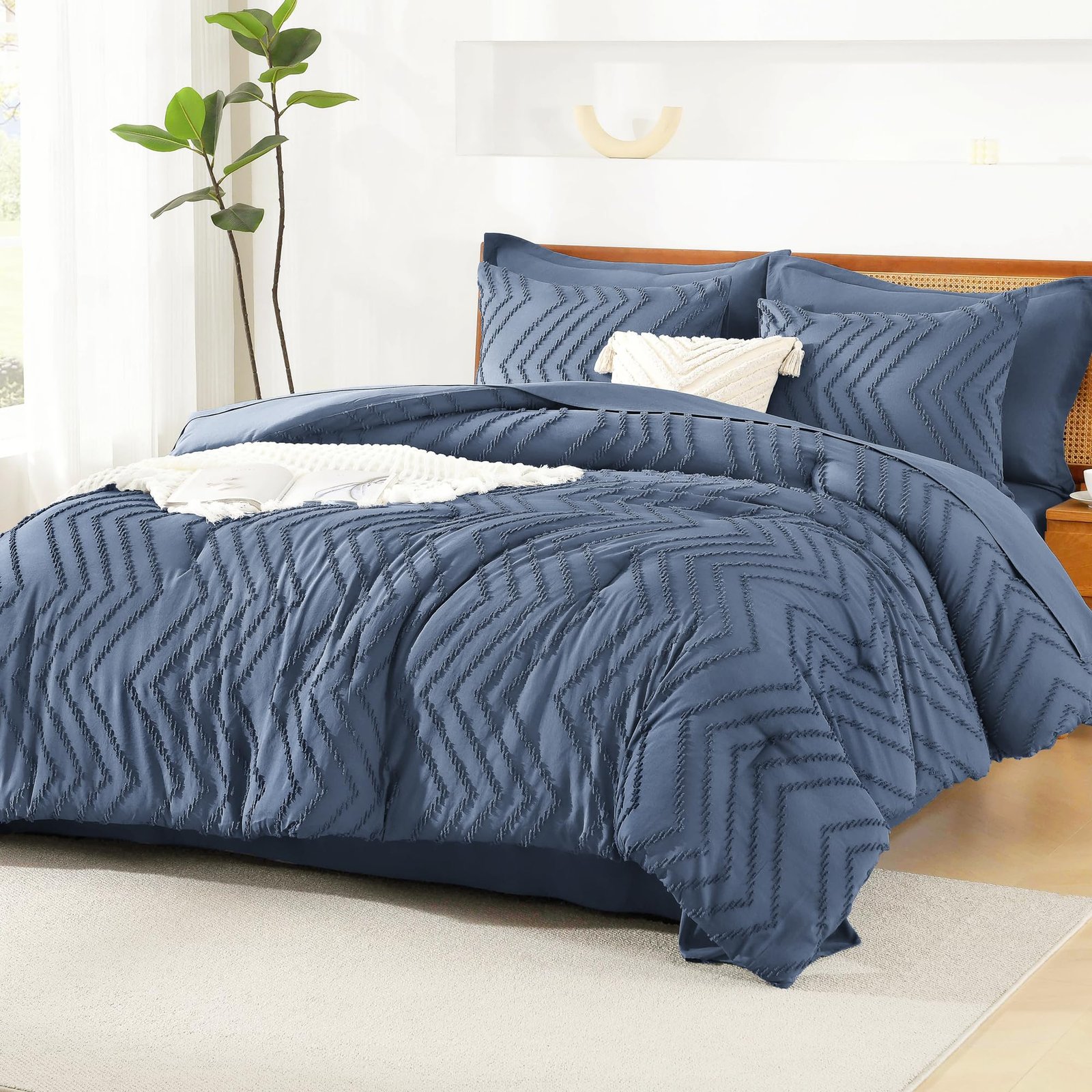 TODD GRIMES King Size Comforter Set with Sheets Beige - 7 Pieces Bed in a Bag King Chevron Tufted Boho Luxury Bedding Sets with Comforter, Sheets, Pillowcases & Shams - Image 19