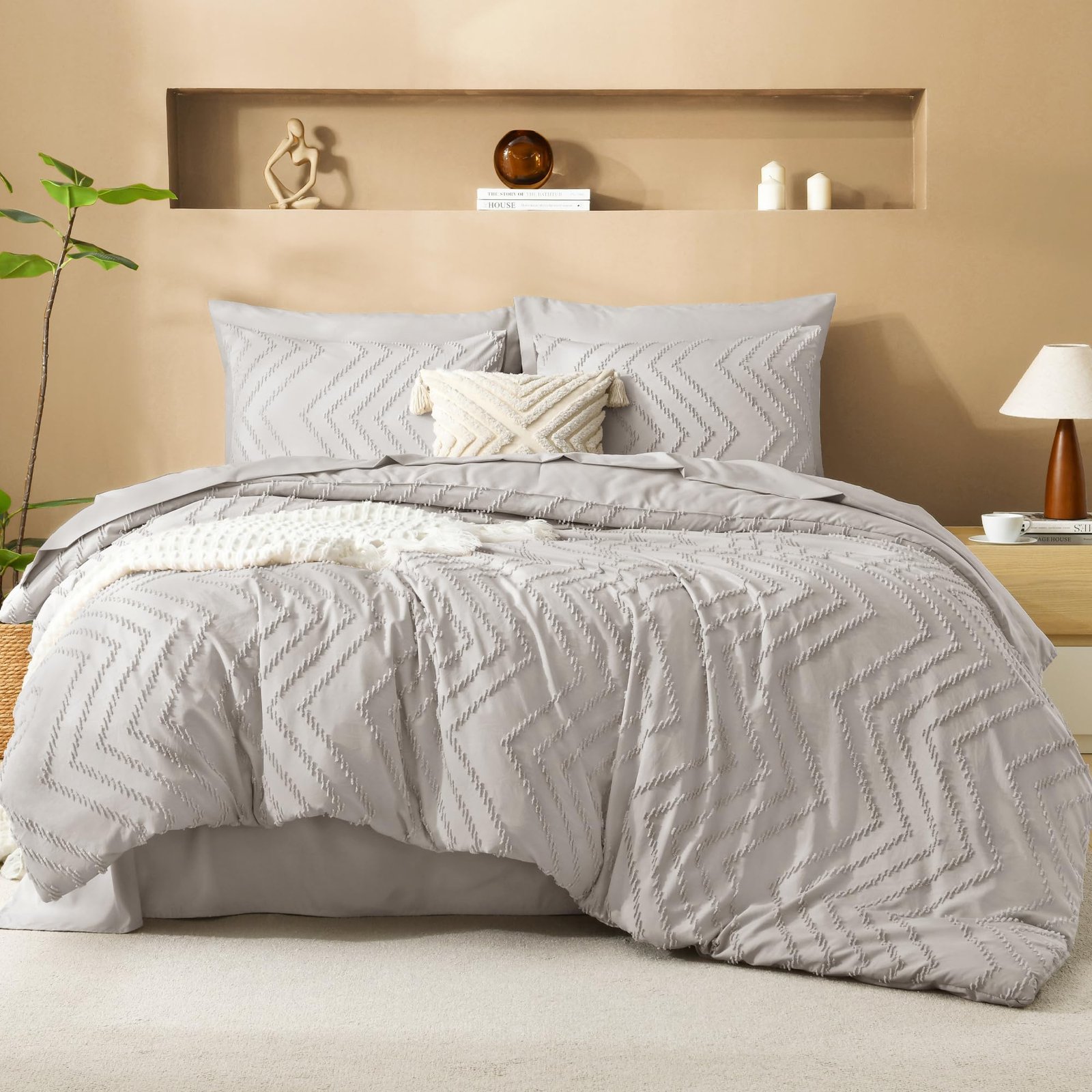 TODD GRIMES King Size Comforter Set with Sheets Beige - 7 Pieces Bed in a Bag King Chevron Tufted Boho Luxury Bedding Sets with Comforter, Sheets, Pillowcases & Shams - Image 56