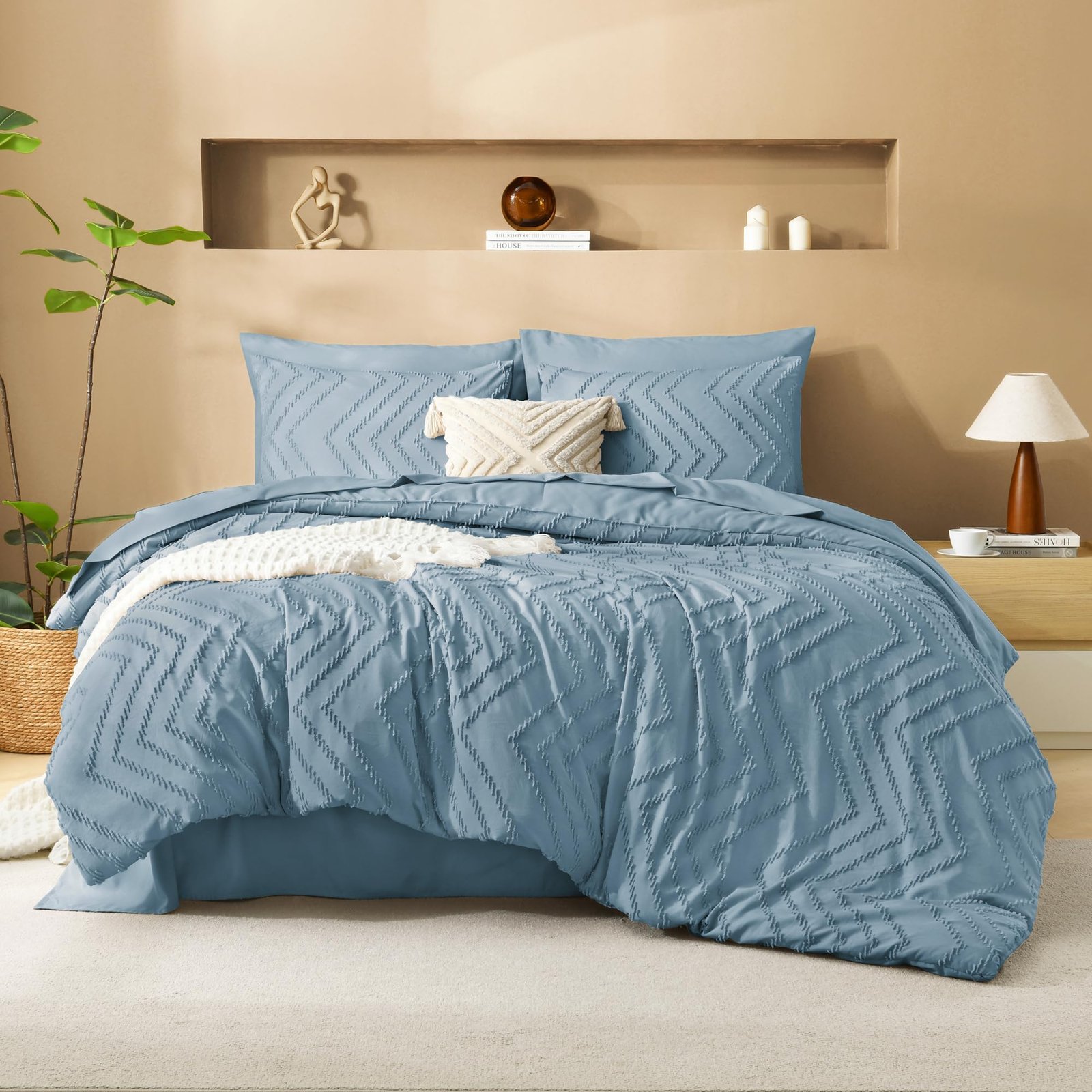 TODD GRIMES King Size Comforter Set with Sheets Beige - 7 Pieces Bed in a Bag King Chevron Tufted Boho Luxury Bedding Sets with Comforter, Sheets, Pillowcases & Shams - Image 72