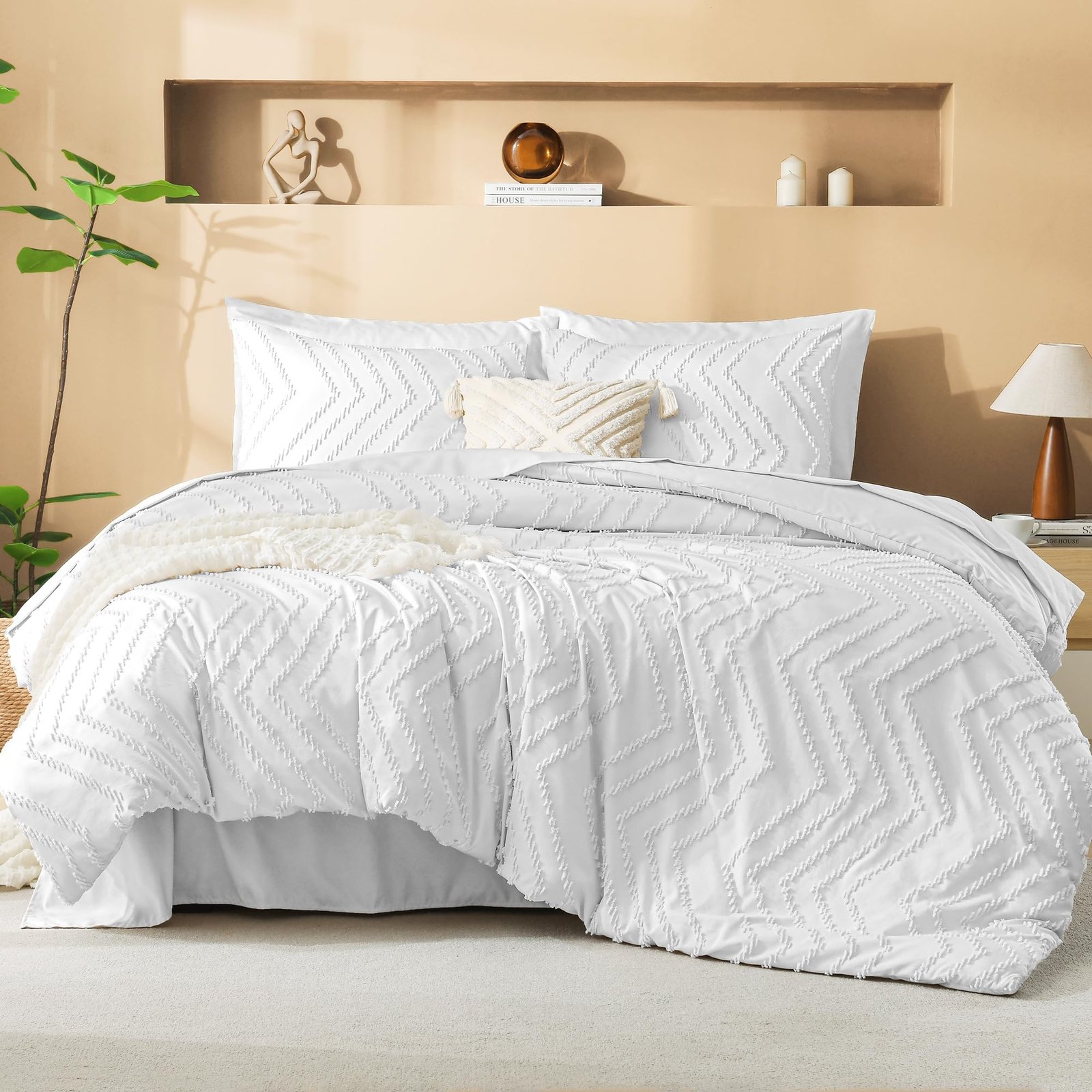 TODD GRIMES King Size Comforter Set with Sheets Beige - 7 Pieces Bed in a Bag King Chevron Tufted Boho Luxury Bedding Sets with Comforter, Sheets, Pillowcases & Shams - Image 5