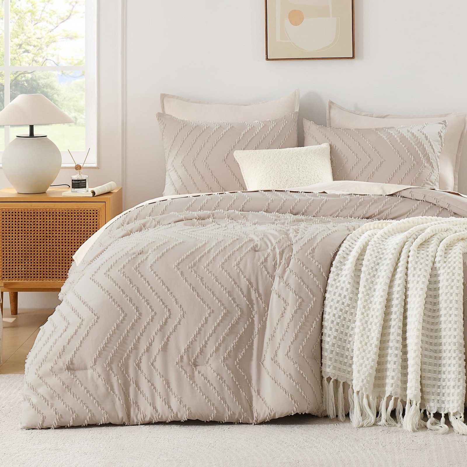 TODD GRIMES King Size Comforter Set Beige, Boho Cream Soft Warm Tufted Neutral Bedding Comforter Sets for King Size Bed, 3 Pieces Aesthetic Chevron Farmhouse Cute Bohemian Textured Bedding Set - Image 21