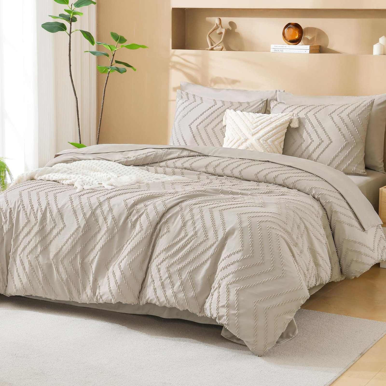 TODD GRIMES King Size Comforter Set with Sheets Beige - 7 Pieces Bed in a Bag King Chevron Tufted Boho Luxury Bedding Sets with Comforter, Sheets, Pillowcases & Shams - Image 50