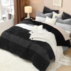 TODD GRIMES Fluffy Fleece King Size Comforter Set, Luxury Soft Plush Fuzzy Black & White Stripe Bedding Comforter Sets, Warm Shaggy Faux Fur Bed Set All Season (1 Comforter, 2 Pillowcases)