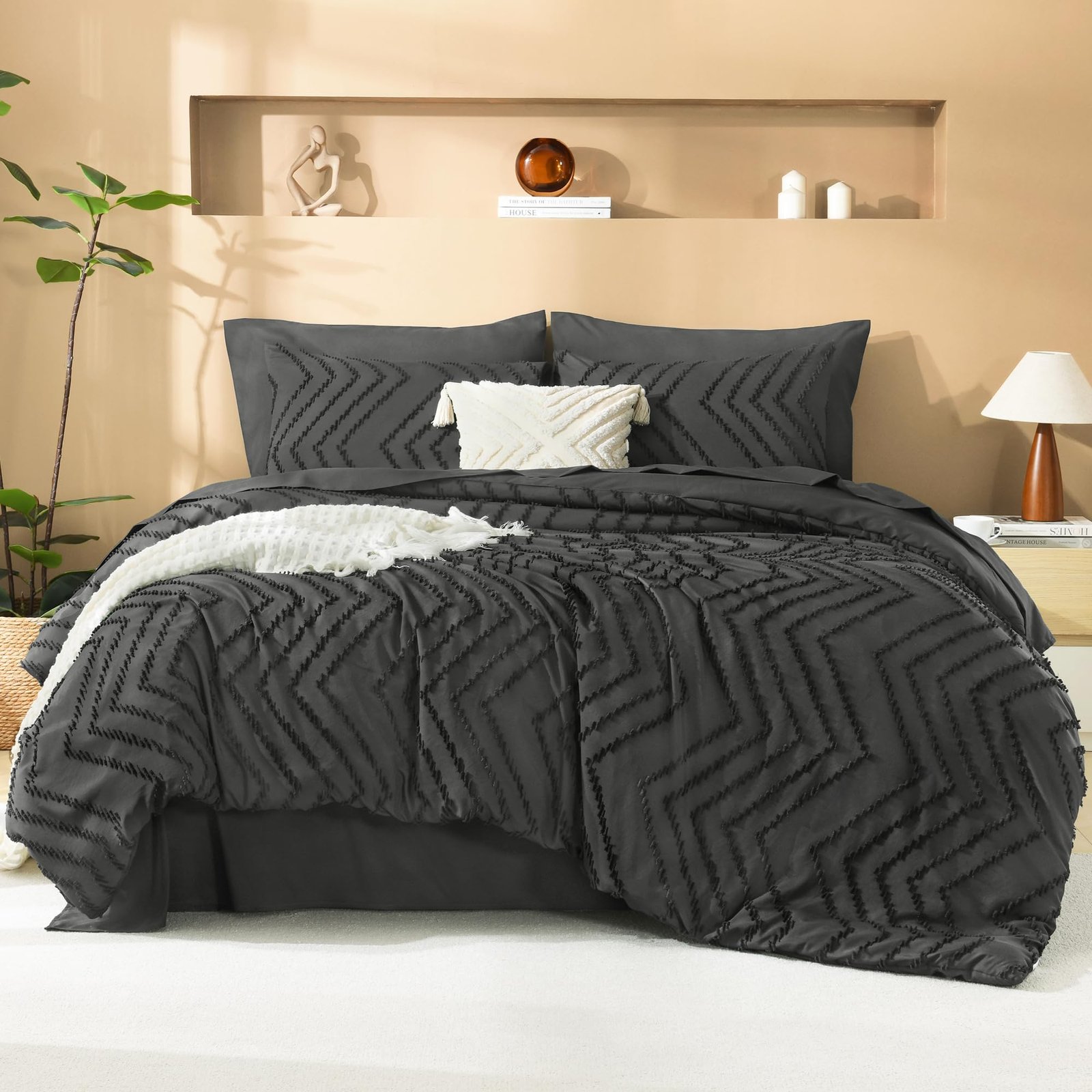 TODD GRIMES King Size Comforter Set with Sheets Beige - 7 Pieces Bed in a Bag King Chevron Tufted Boho Luxury Bedding Sets with Comforter, Sheets, Pillowcases & Shams - Image 17