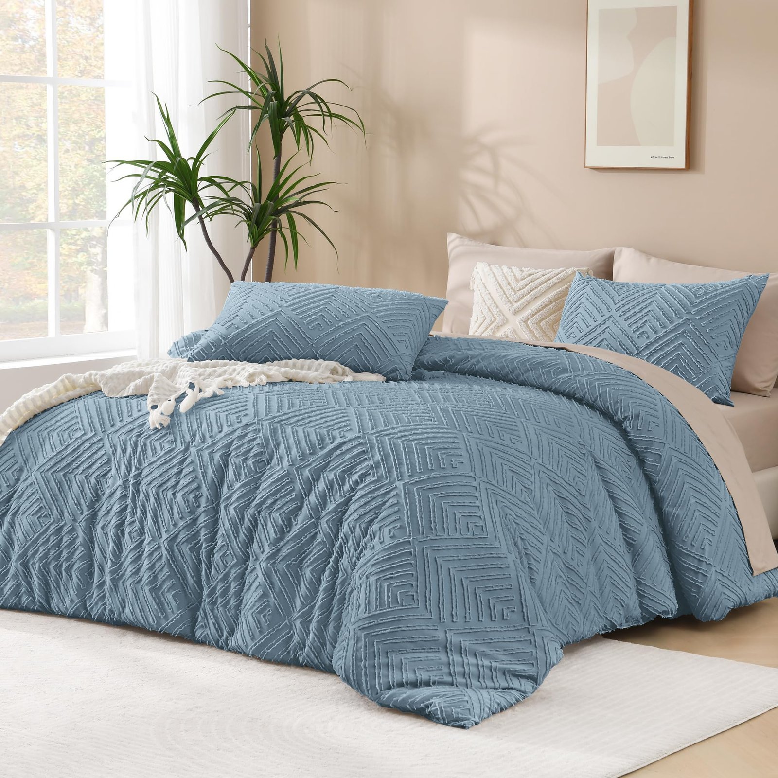 TODD GRIMES King Size Comforter Set Beige, 3 Pieces Boho King Bedding Comforter Set Cream, All Season Soft Lightweight Tufted Textured Down Alternative Comforter Fluffy Bed Set - Image 4