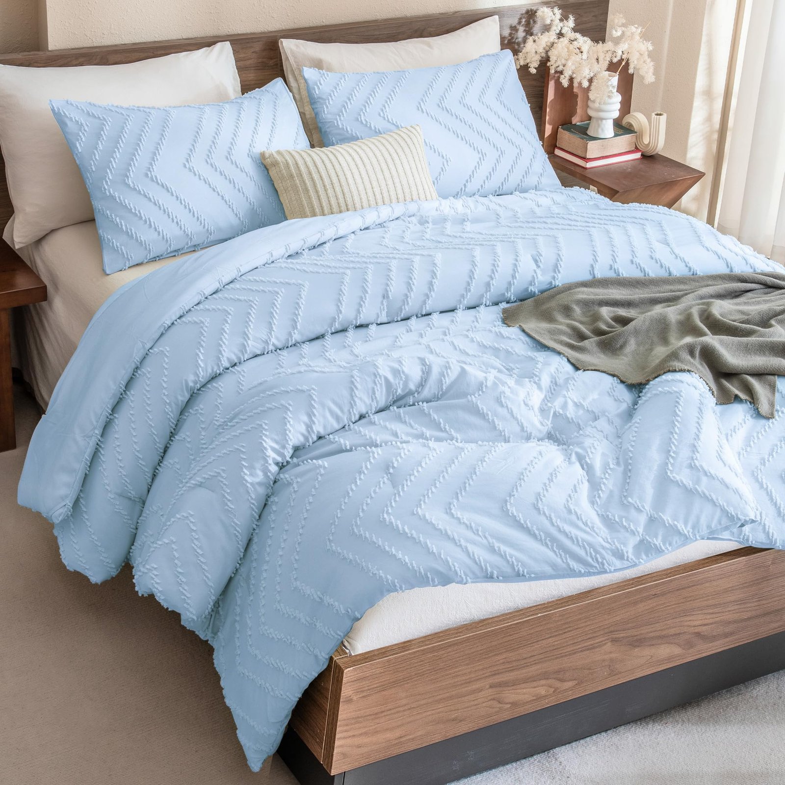TODD GRIMES King Size Comforter Set Beige, Boho Cream Soft Warm Tufted Neutral Bedding Comforter Sets for King Size Bed, 3 Pieces Aesthetic Chevron Farmhouse Cute Bohemian Textured Bedding Set - Image 11