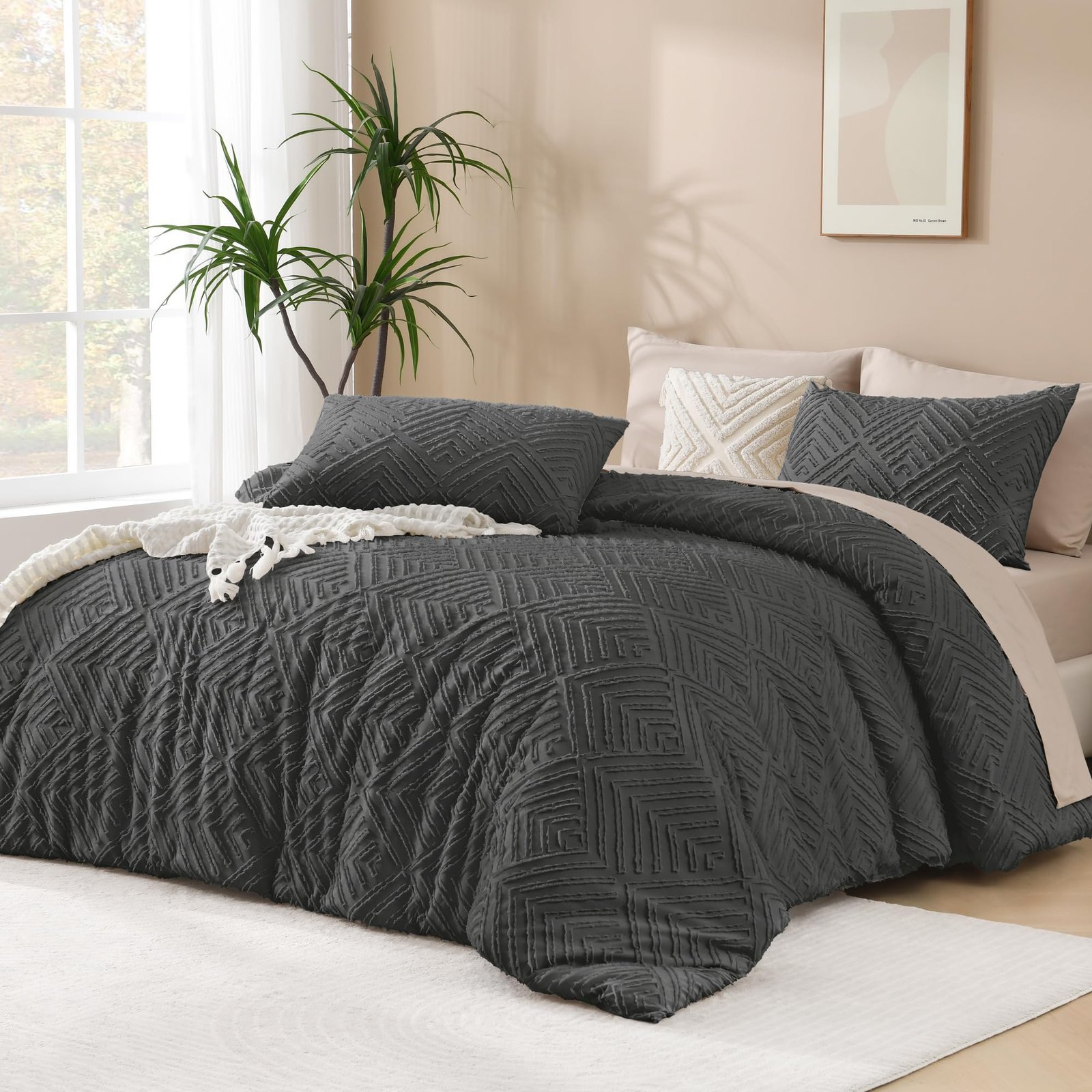 TODD GRIMES King Size Comforter Set Beige, 3 Pieces Boho King Bedding Comforter Set Cream, All Season Soft Lightweight Tufted Textured Down Alternative Comforter Fluffy Bed Set - Image 2