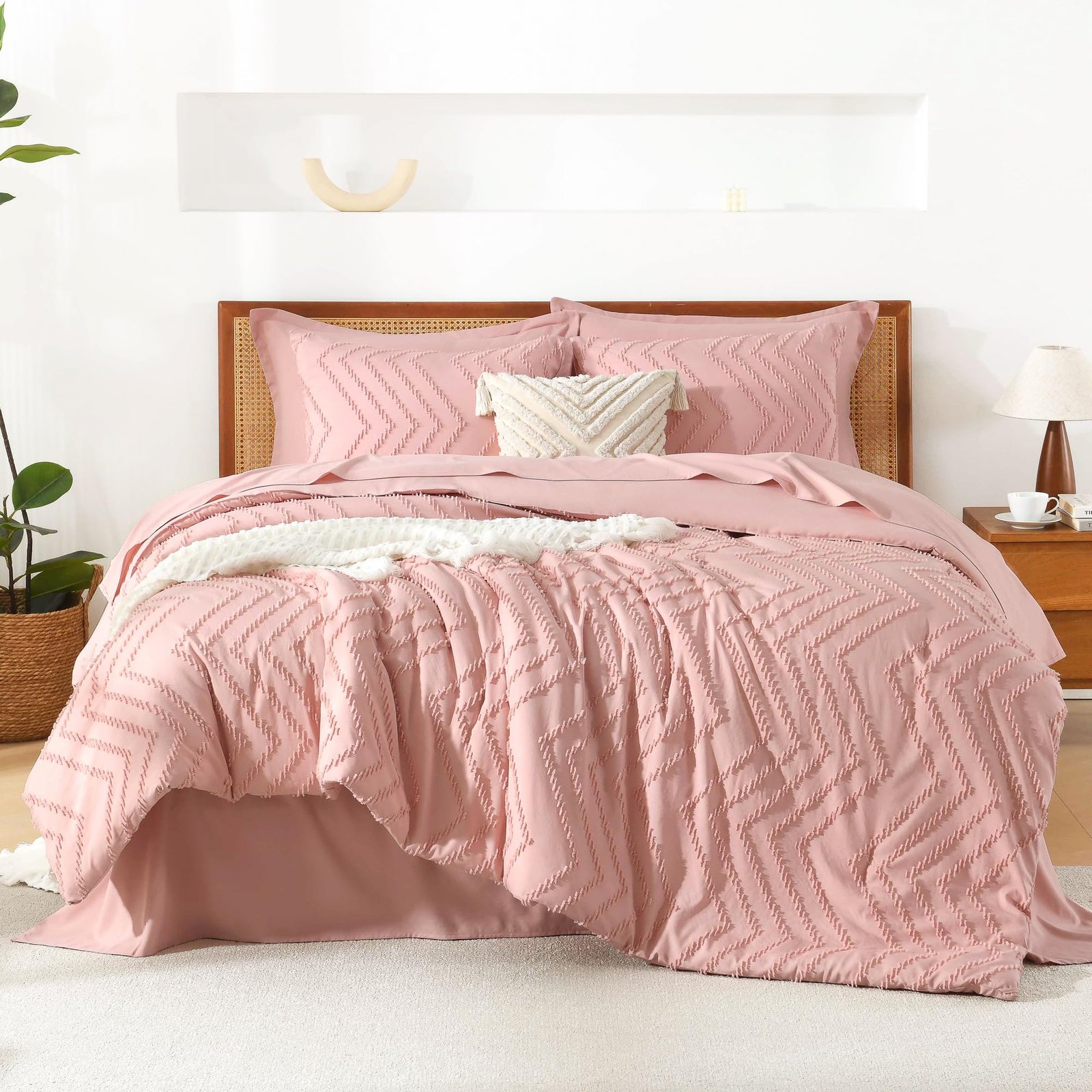 TODD GRIMES King Size Comforter Set with Sheets Beige - 7 Pieces Bed in a Bag King Chevron Tufted Boho Luxury Bedding Sets with Comforter, Sheets, Pillowcases & Shams - Image 3