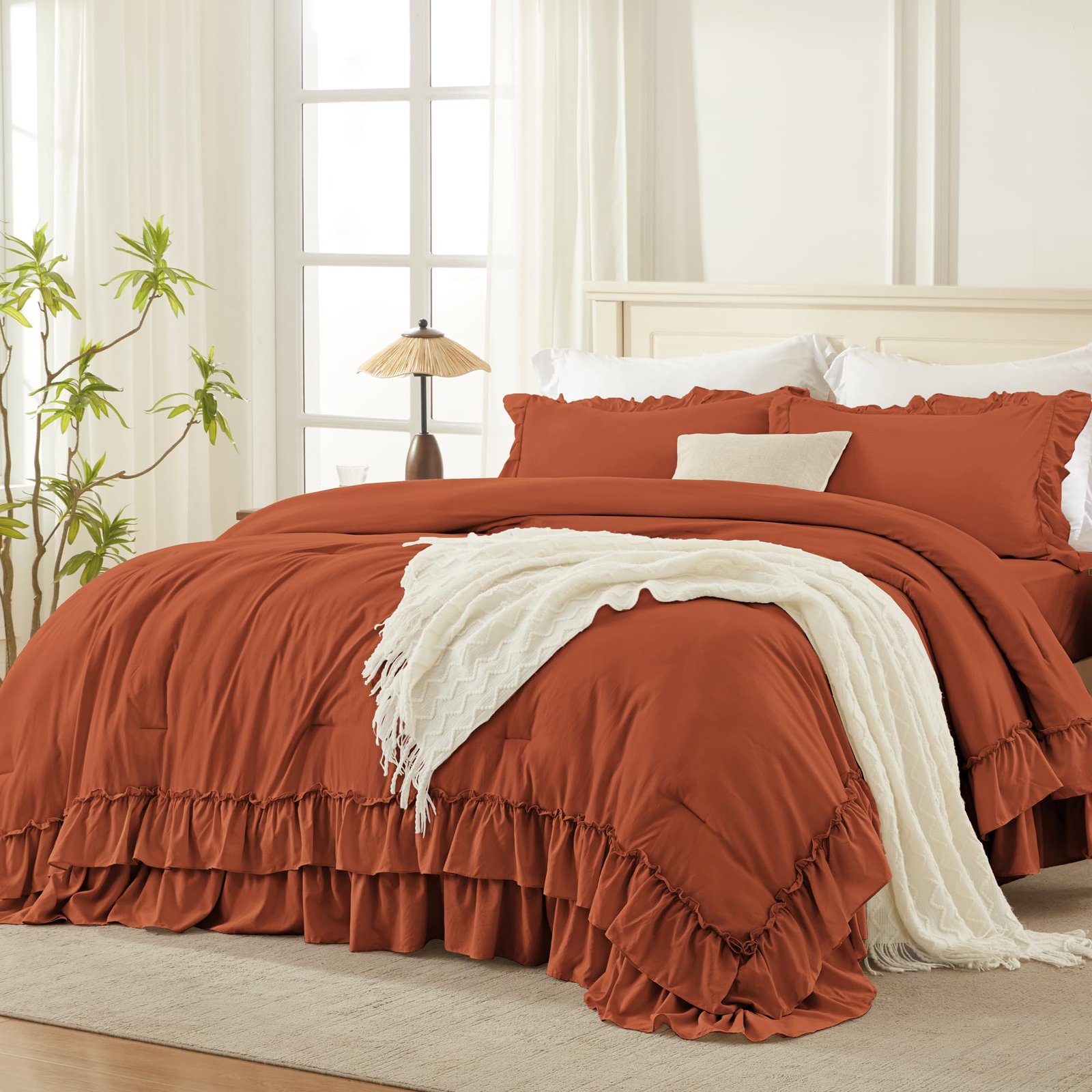 TODD GRIMES White Comforter Set Queen Size, Lightweight Fluffy Farmhouse White Ruffle Bedding Set, Soft Microfiber All Season Shabby Chic Bed Comforter Set 3 Pieces(1 Ruffle Comforter 2 Pillowcases) - Image 11