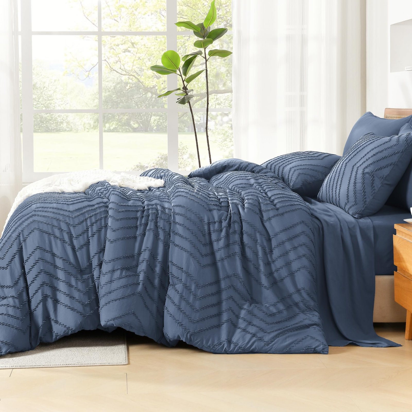 TODD GRIMES King Size Comforter Set with Sheets Beige - 7 Pieces Bed in a Bag King Chevron Tufted Boho Luxury Bedding Sets with Comforter, Sheets, Pillowcases & Shams - Image 77