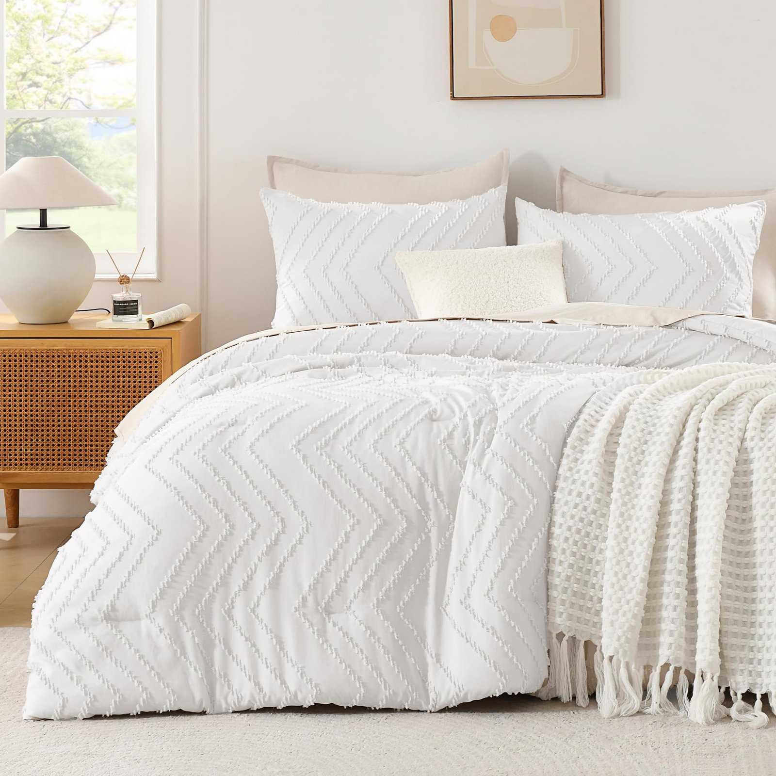 TODD GRIMES King Size Comforter Set Beige, Boho Cream Soft Warm Tufted Neutral Bedding Comforter Sets for King Size Bed, 3 Pieces Aesthetic Chevron Farmhouse Cute Bohemian Textured Bedding Set - Image 8