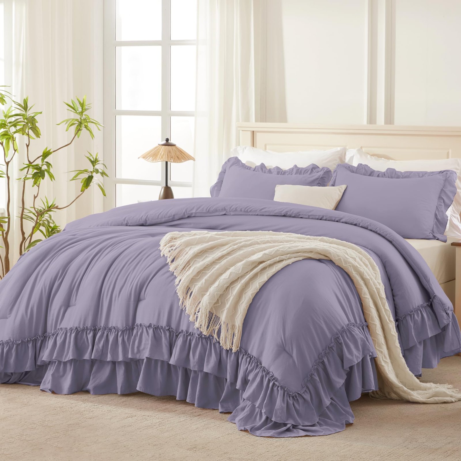 TODD GRIMES White Comforter Set Queen Size, Lightweight Fluffy Farmhouse White Ruffle Bedding Set, Soft Microfiber All Season Shabby Chic Bed Comforter Set 3 Pieces(1 Ruffle Comforter 2 Pillowcases) - Image 14